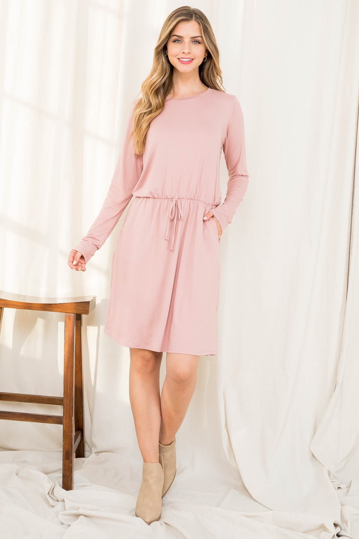 Plus Size Elastic Waist Long Sleeve Solid Dress