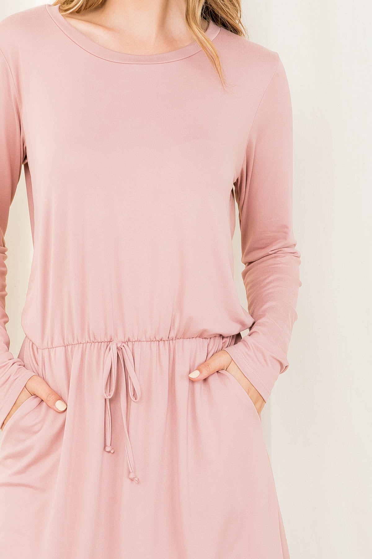 Plus Size Elastic Waist Long Sleeve Solid Dress
