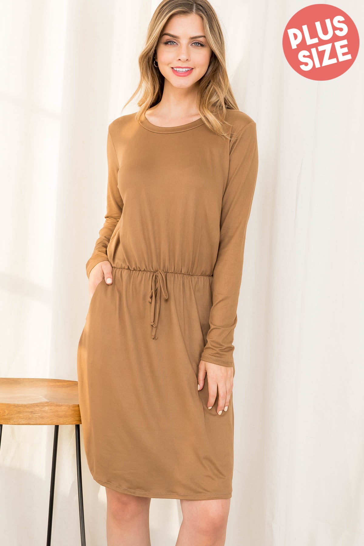 Plus Size Elastic Waist Long Sleeve Solid Dress