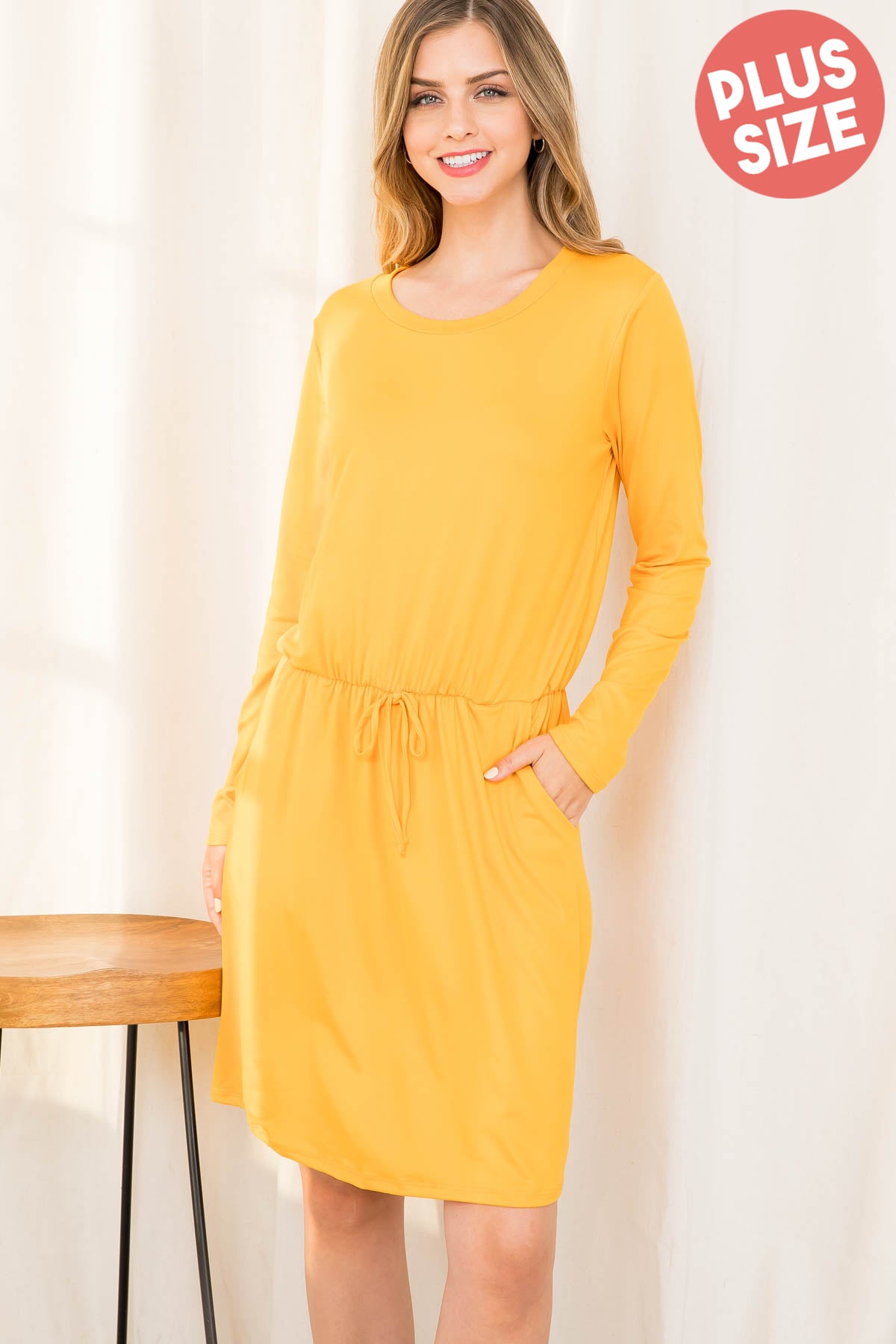 Plus Size Elastic Waist Long Sleeve Solid Dress