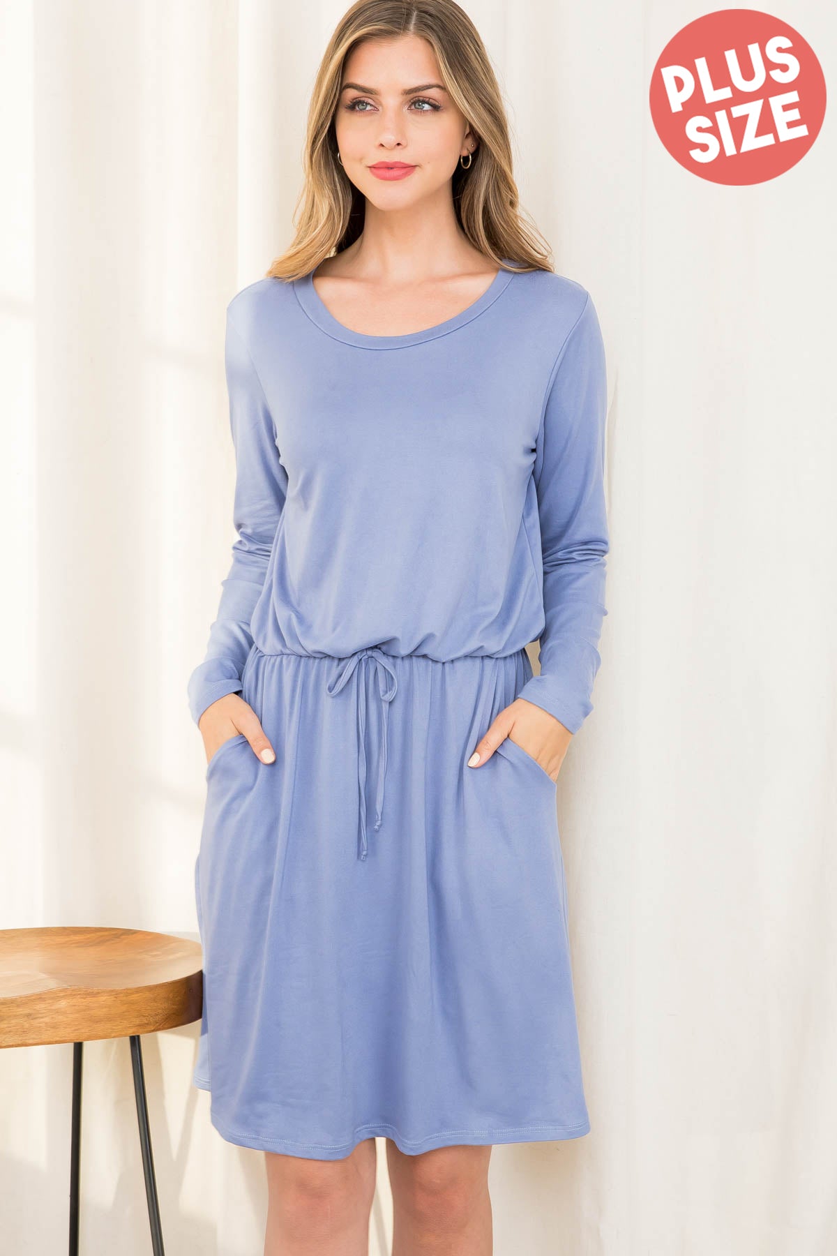 Plus Size Elastic Waist Long Sleeve Solid Dress