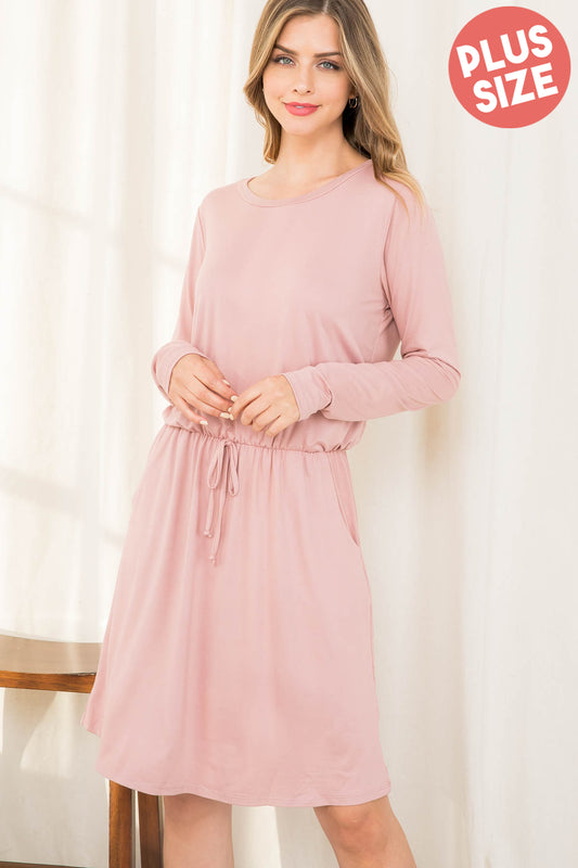 Plus Size Elastic Waist Long Sleeve Solid Dress