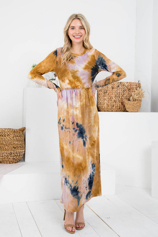 Pull Merrow Elastic Waist Long Sleeve Tie Dye Maxi Dress