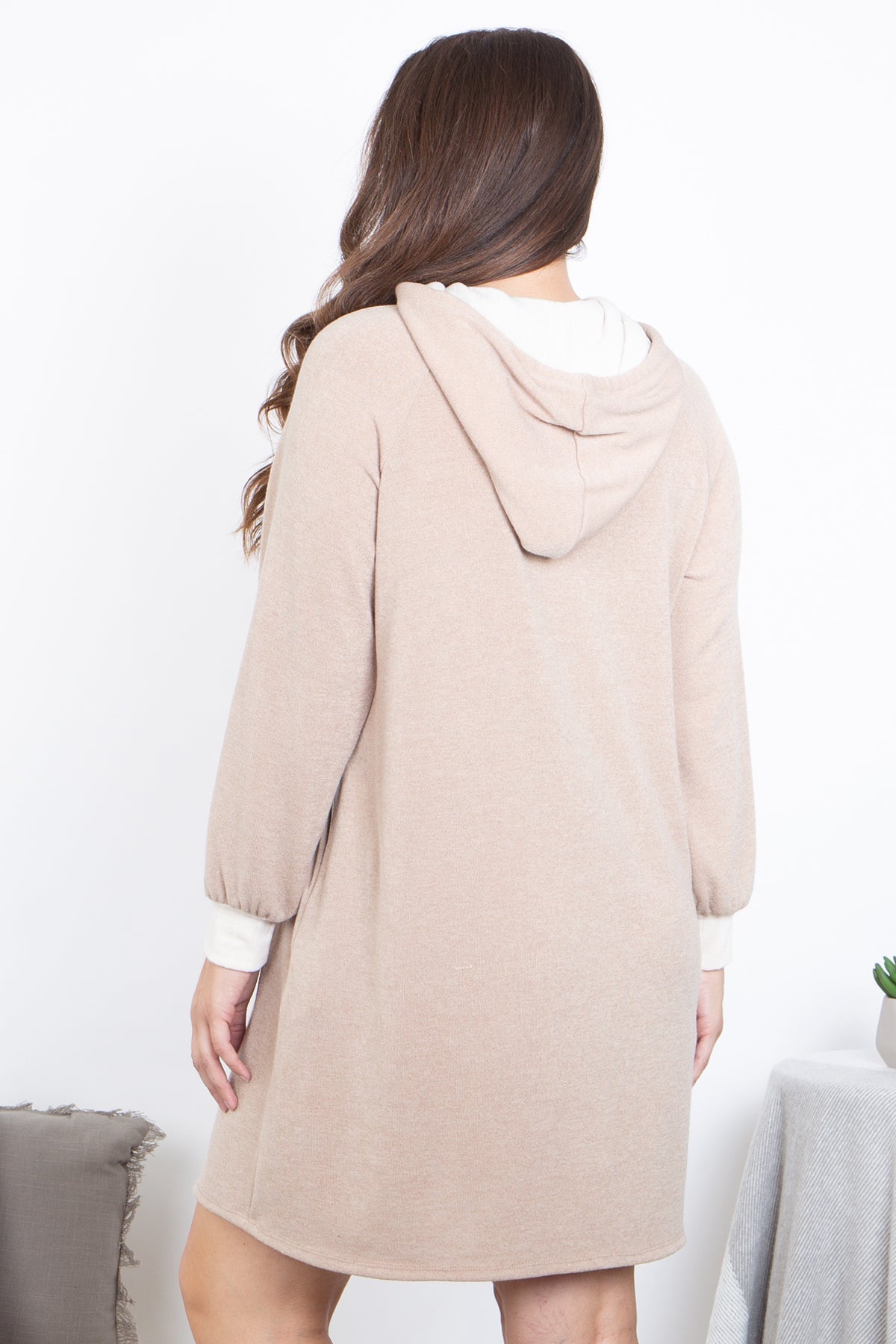 Plus Size Hacci Long Sleeve Rib Band Hoodie Dress