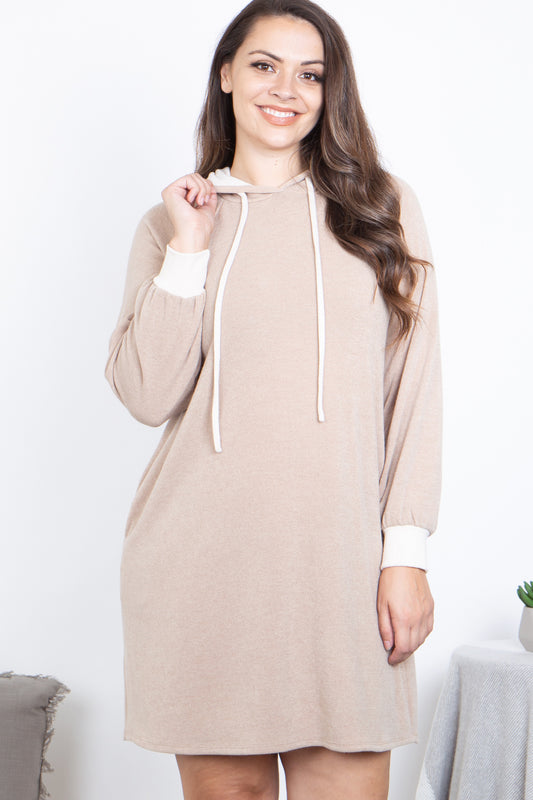 Plus Size Hacci Long Sleeve Rib Band Hoodie Dress