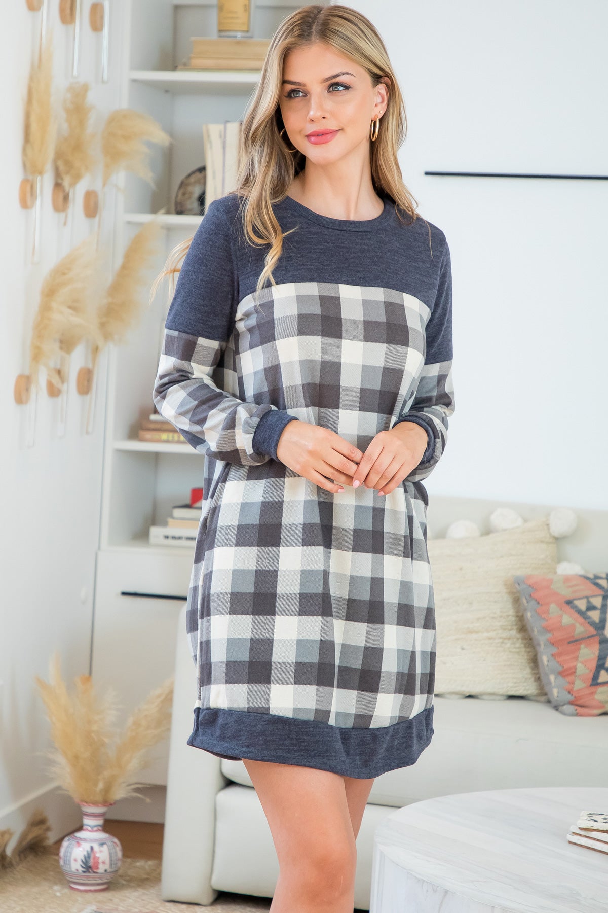 Plaid Contrast Long Sleeve Dress