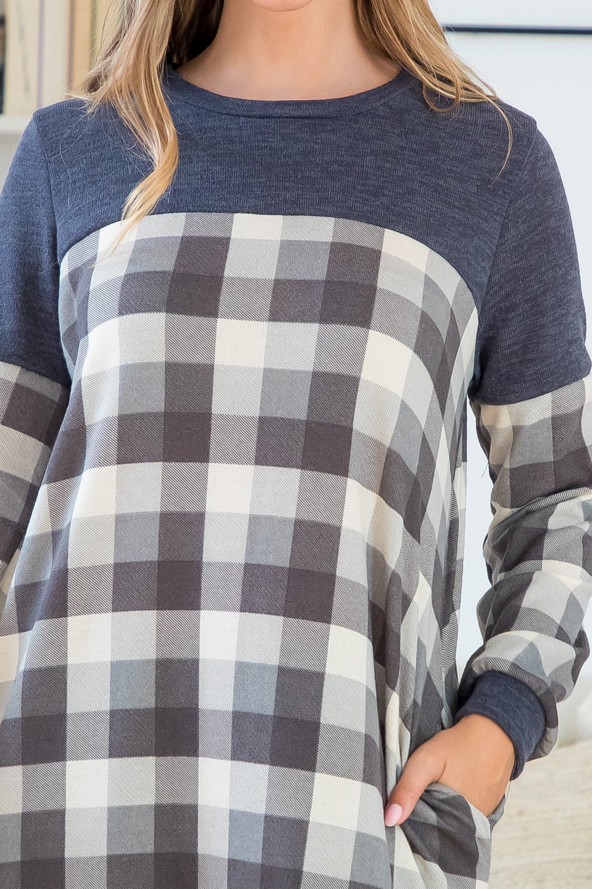 Plaid Contrast Long Sleeve Dress