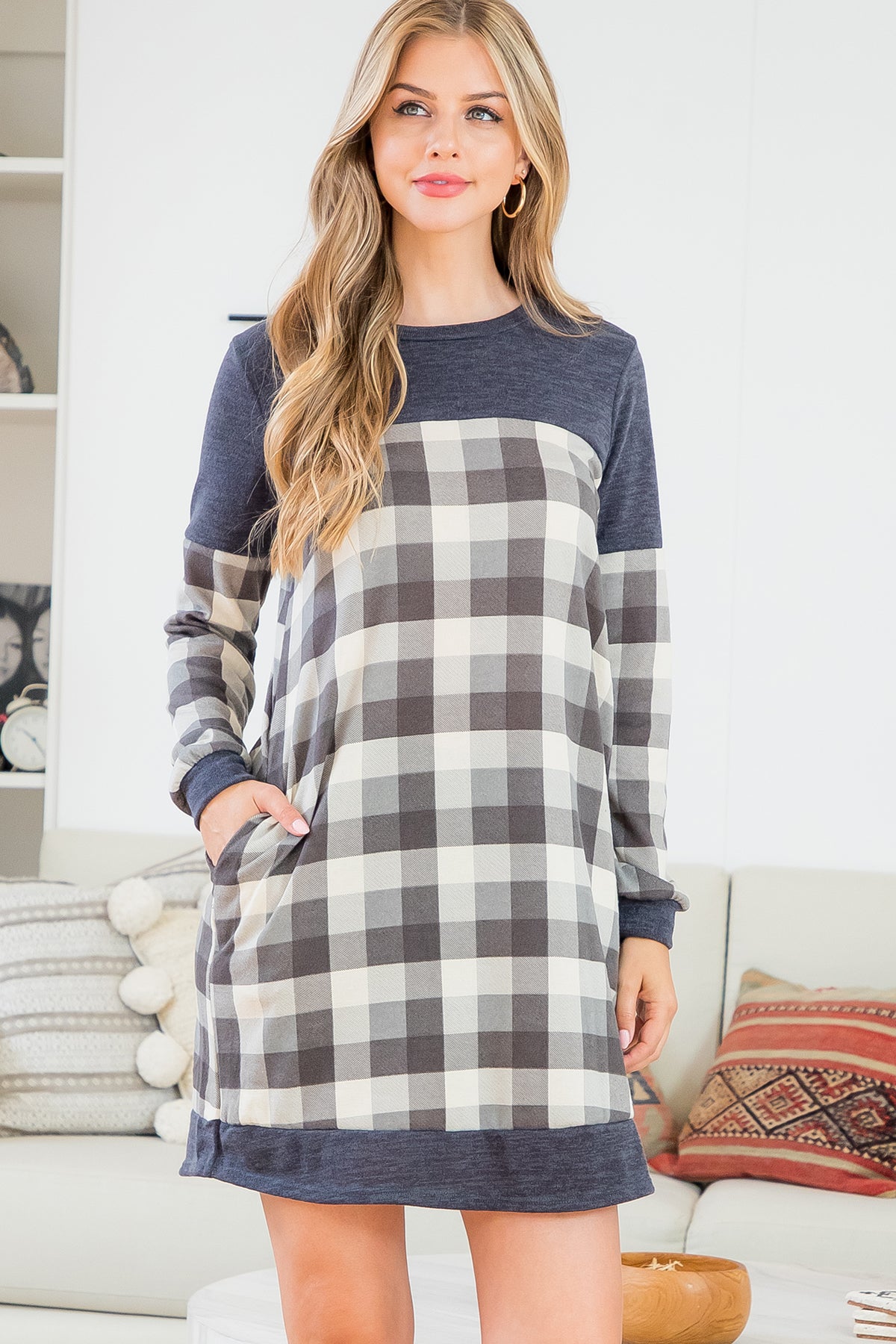 Plaid Contrast Long Sleeve Dress