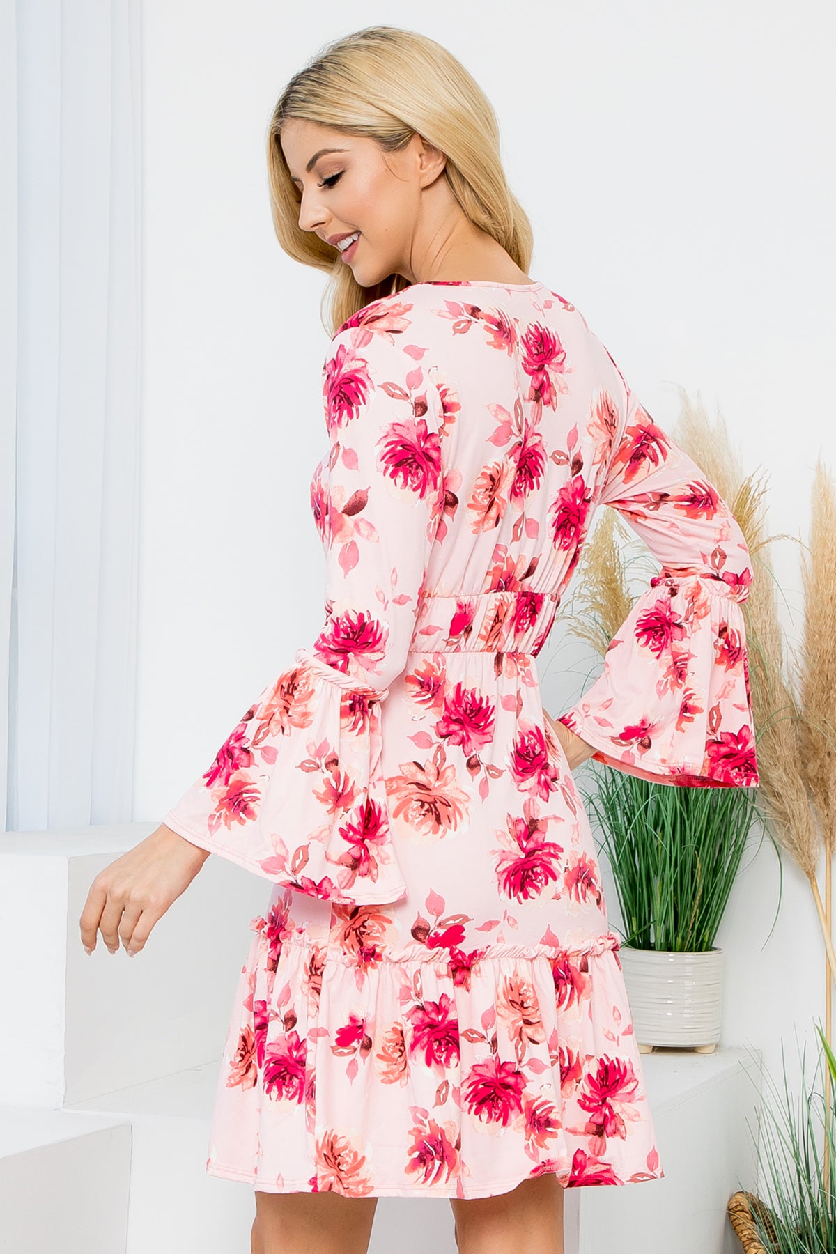 Bell Sleeve Merrow Detail Floral Dress