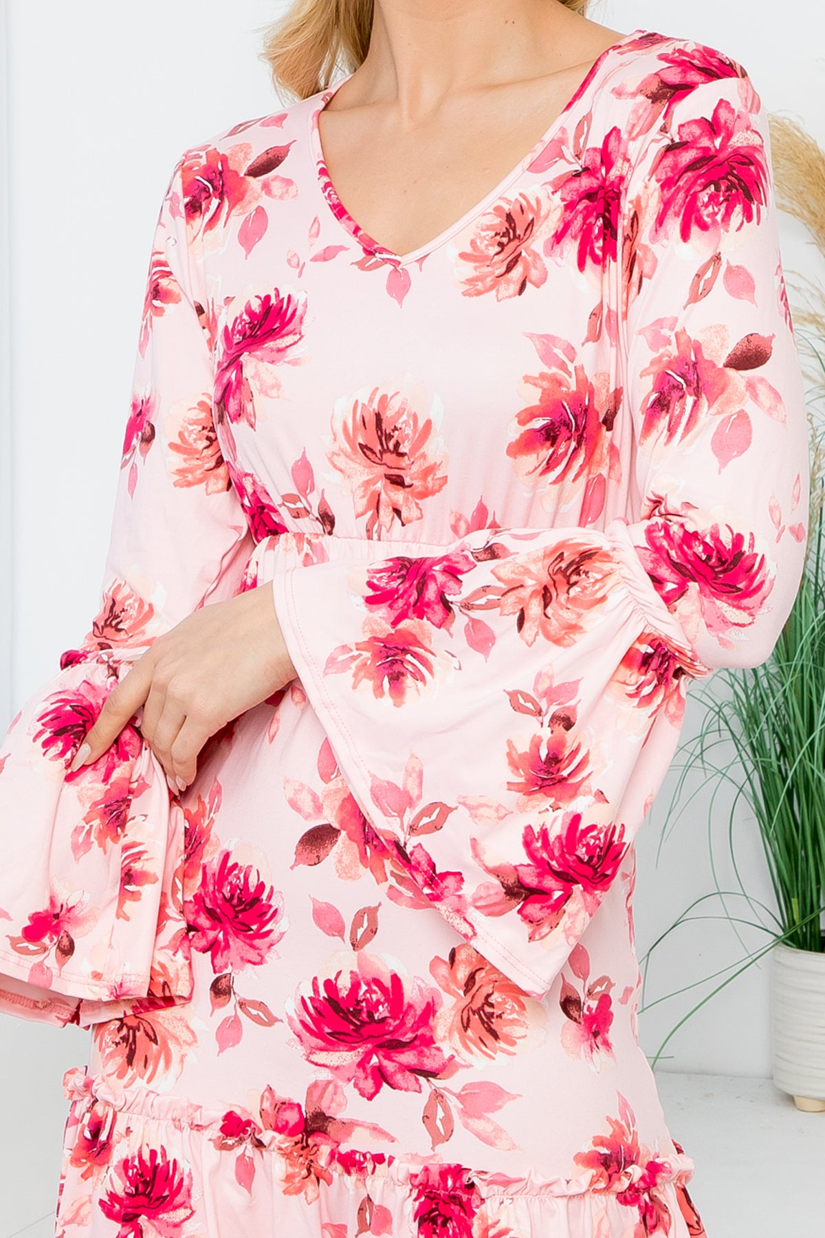 Bell Sleeve Merrow Detail Floral Dress