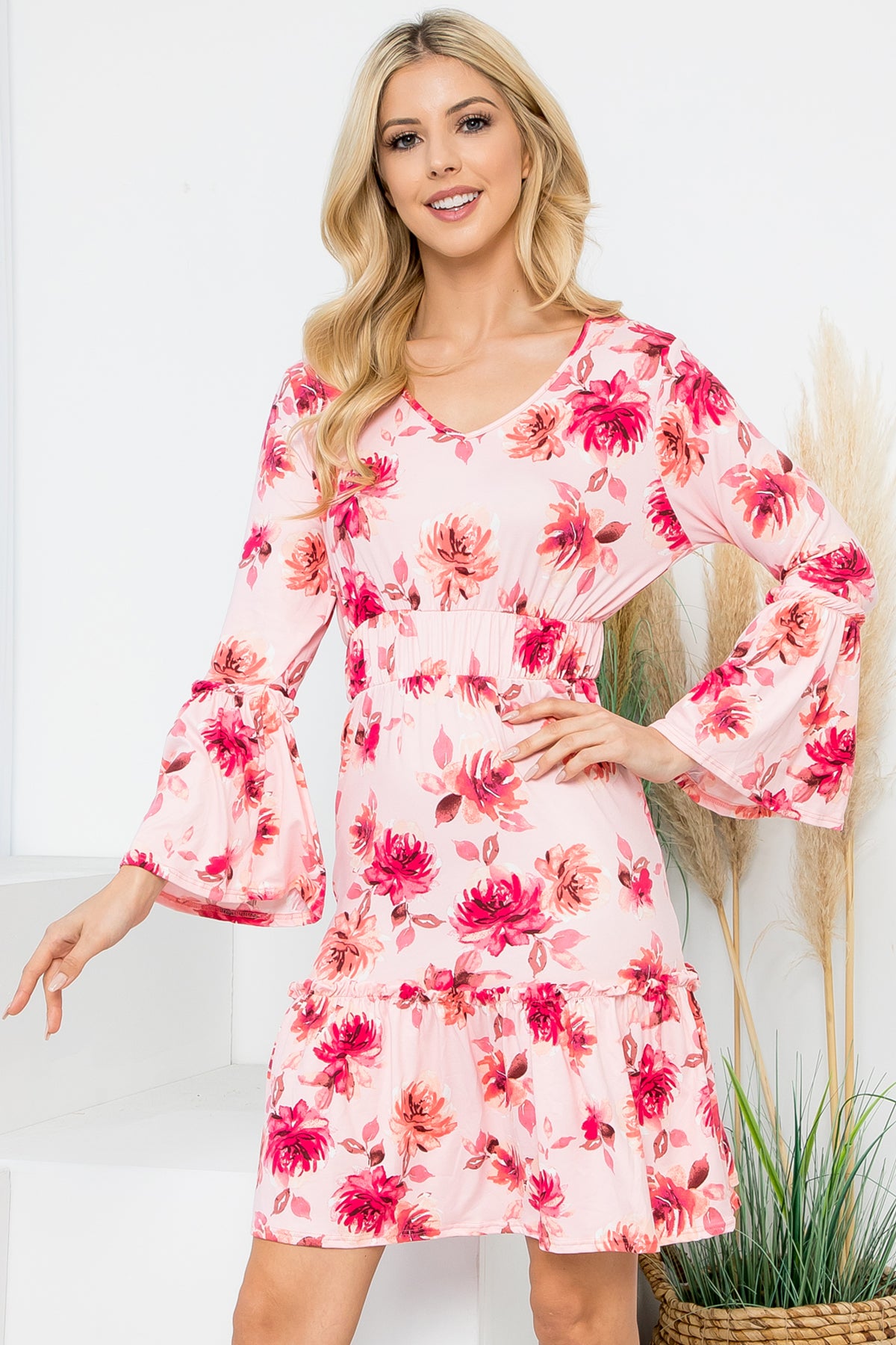 Bell Sleeve Merrow Detail Floral Dress
