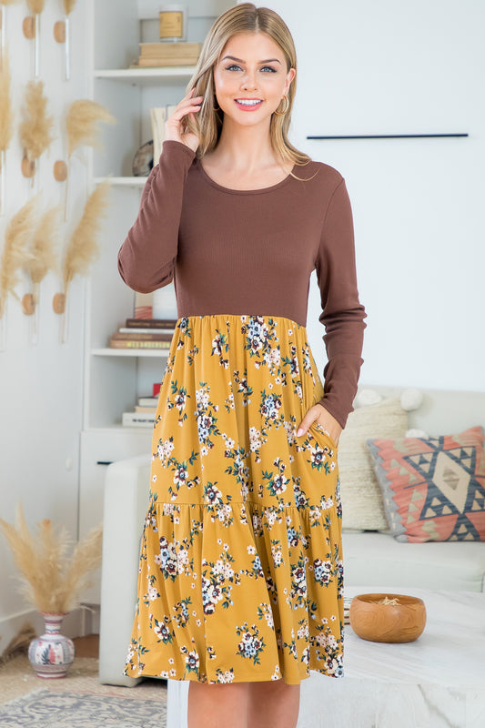 Long Sleeve Thermal Knit Top Floral Skirt Dress