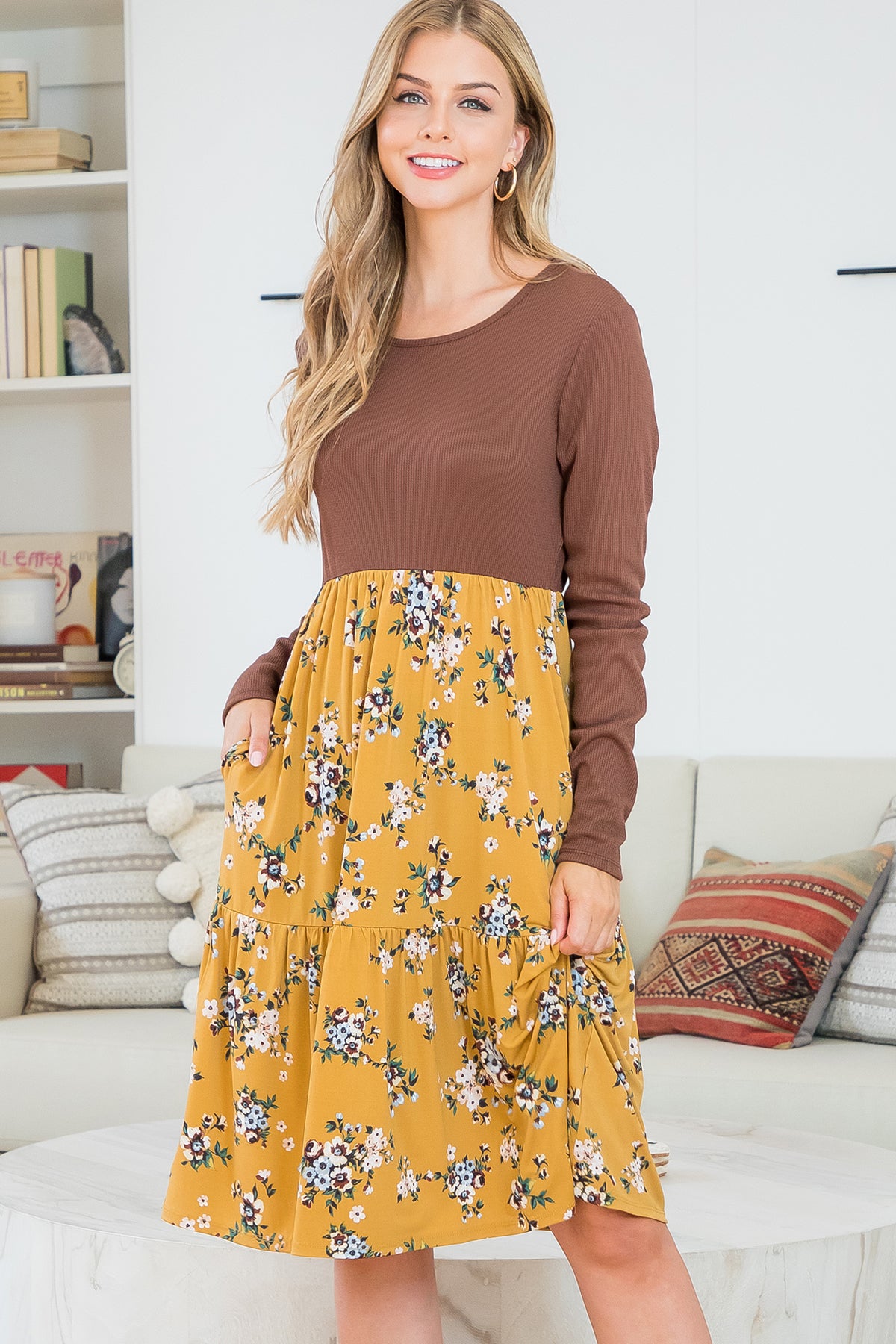 Long Sleeve Thermal Knit Top Floral Skirt Dress
