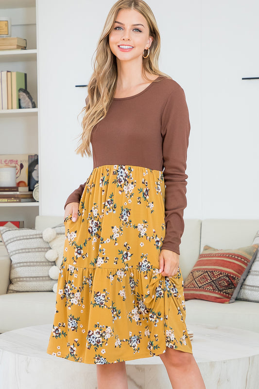 Long Sleeve Thermal Knit Top Floral Skirt Dress