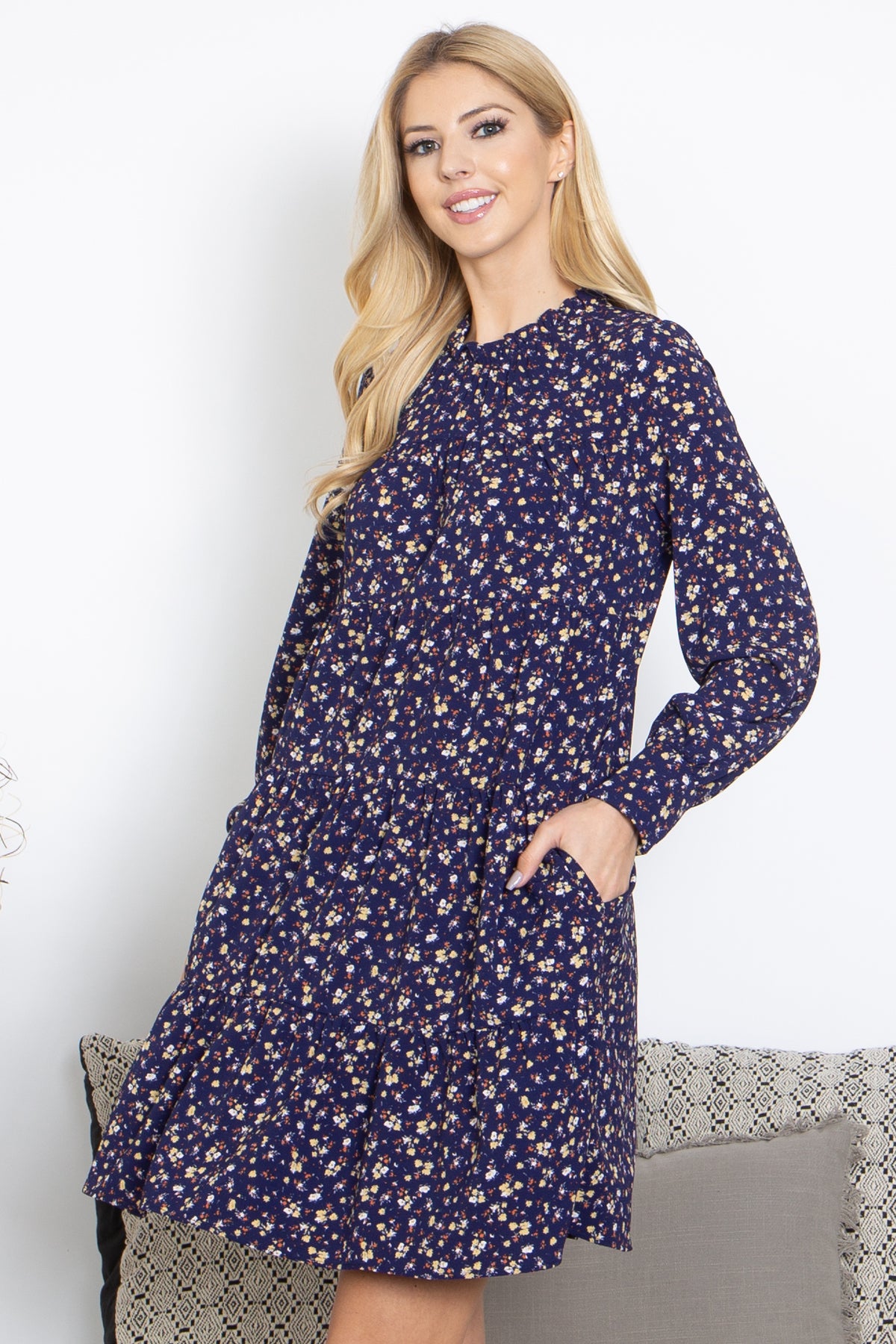 Merrow Neckline Long Sleeve Tiered Floral Dress