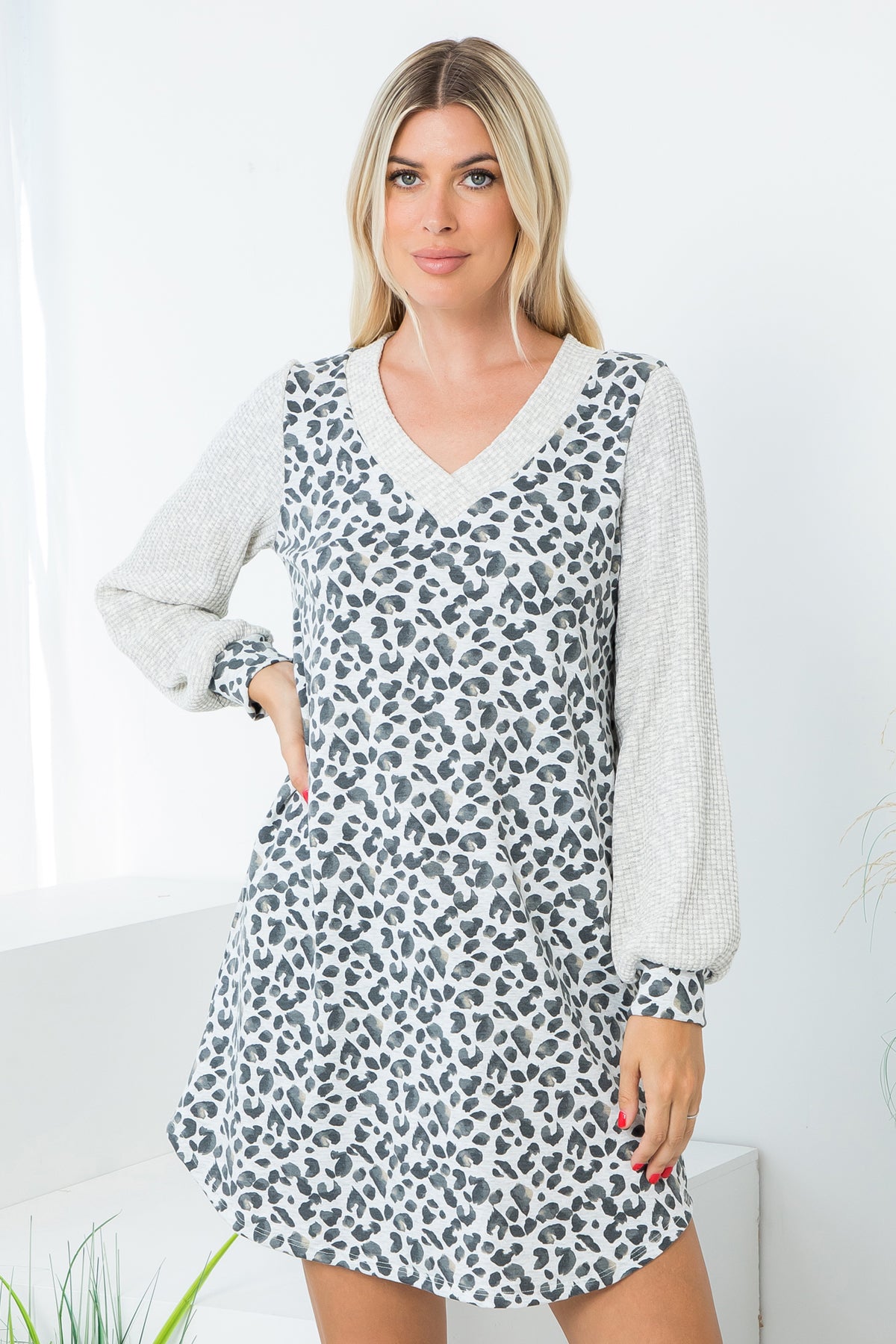 Textured Long Sleeve Animal Printed Dress