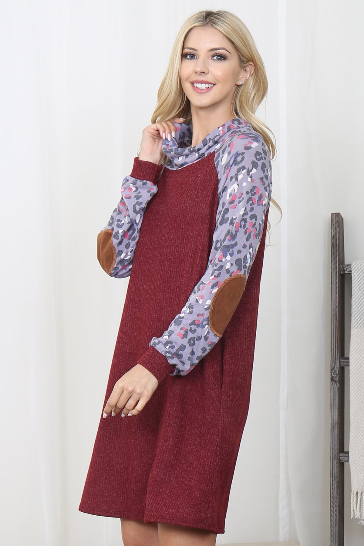 Animal Print Long Sleeve Elbow Patch Rib Dress