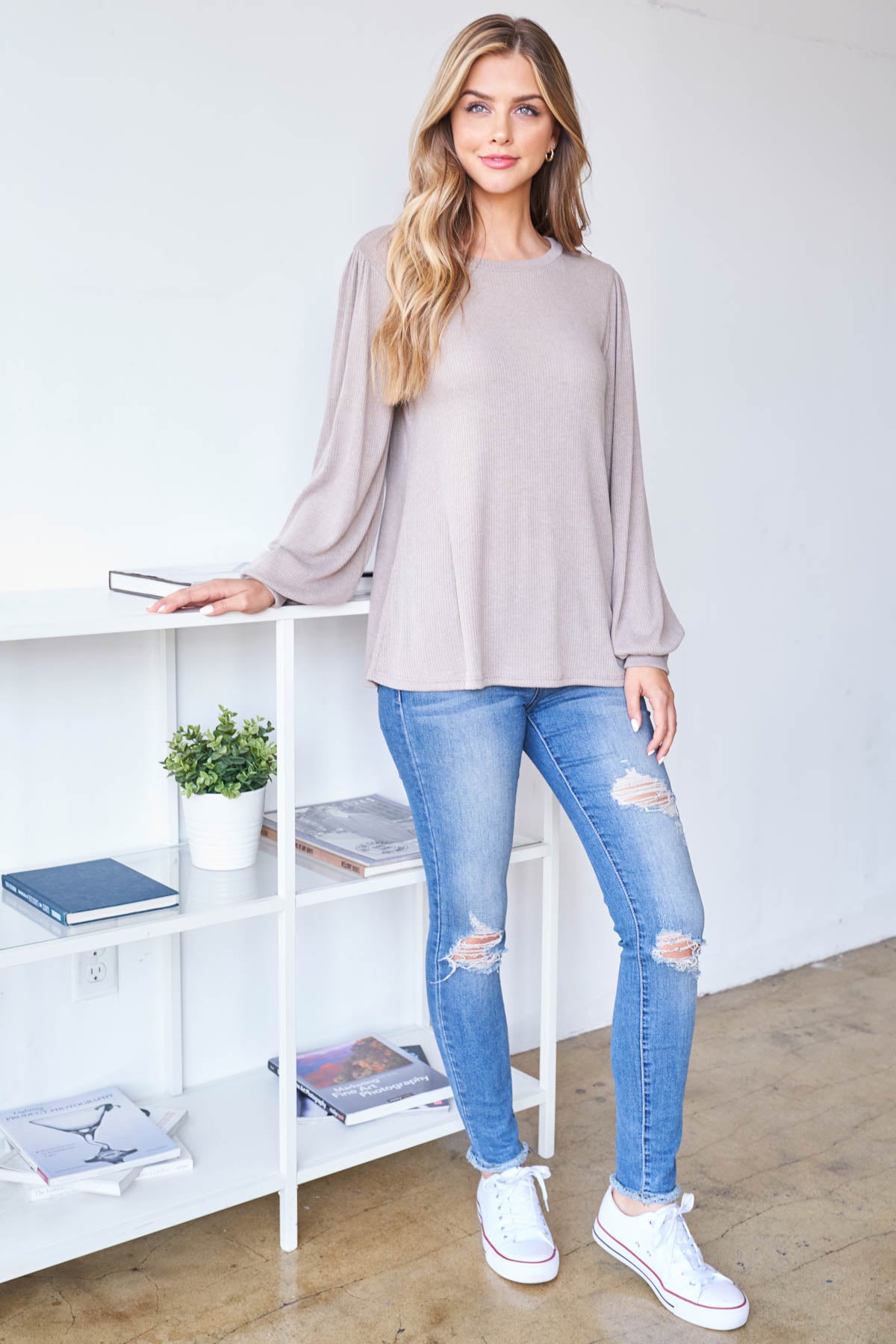 Plus Size Puff Sleeve Round Neck Bella Rib Top
