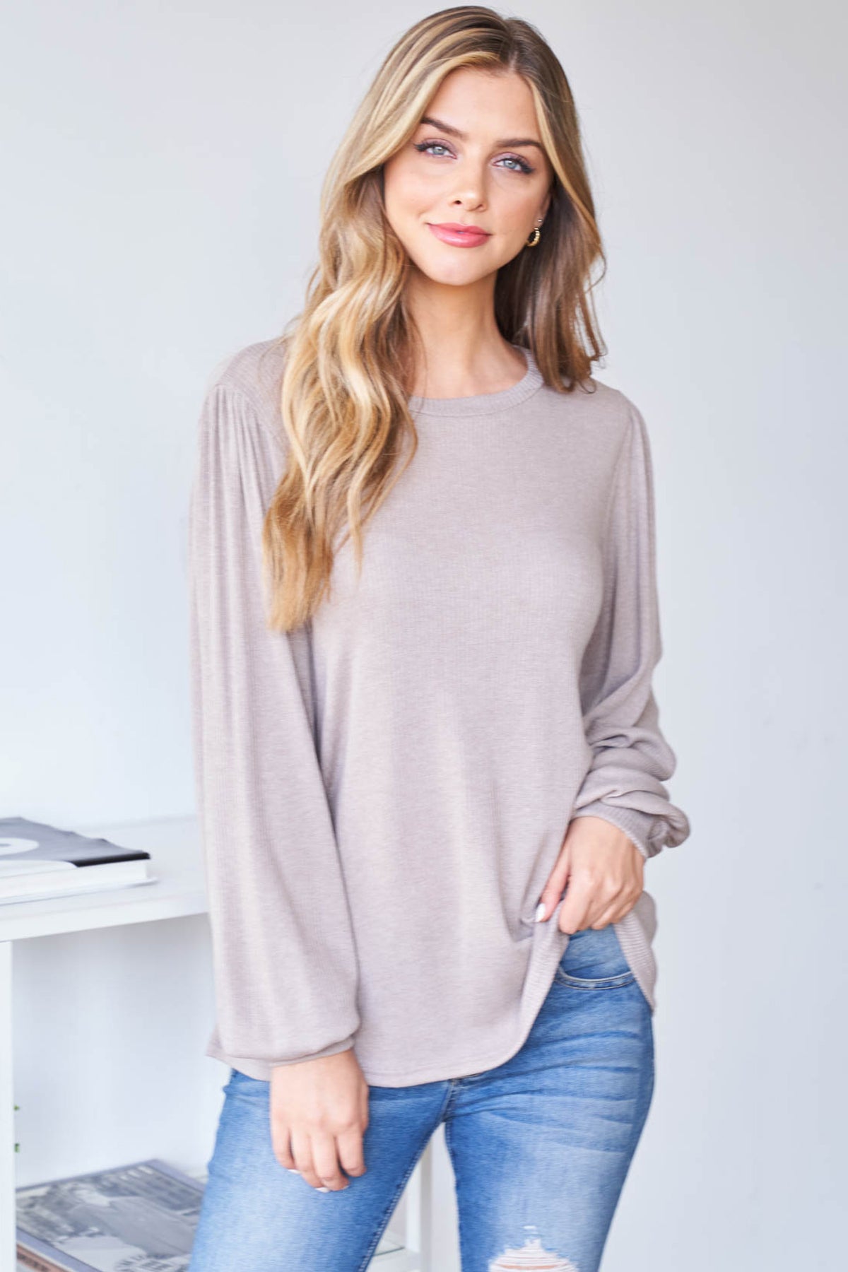 Plus Size Puff Sleeve Round Neck Bella Rib Top