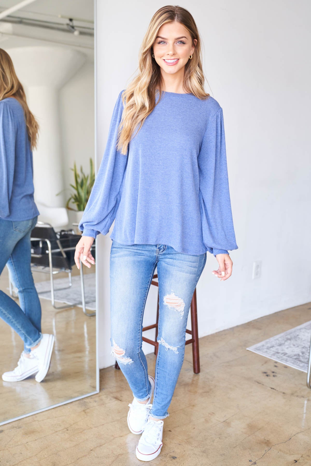 Puff Sleeve Round Neck Long Sleeve Bella Rib Top