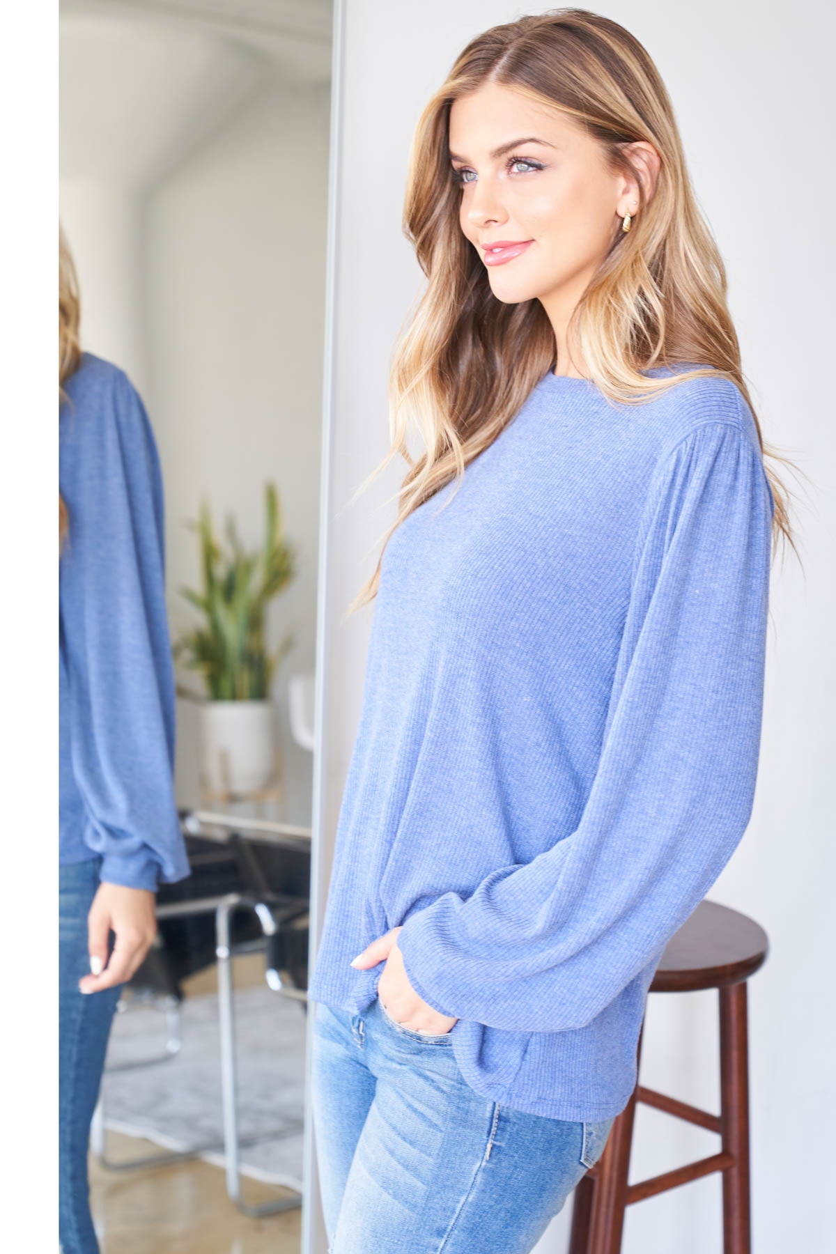 Puff Sleeve Round Neck Long Sleeve Bella Rib Top