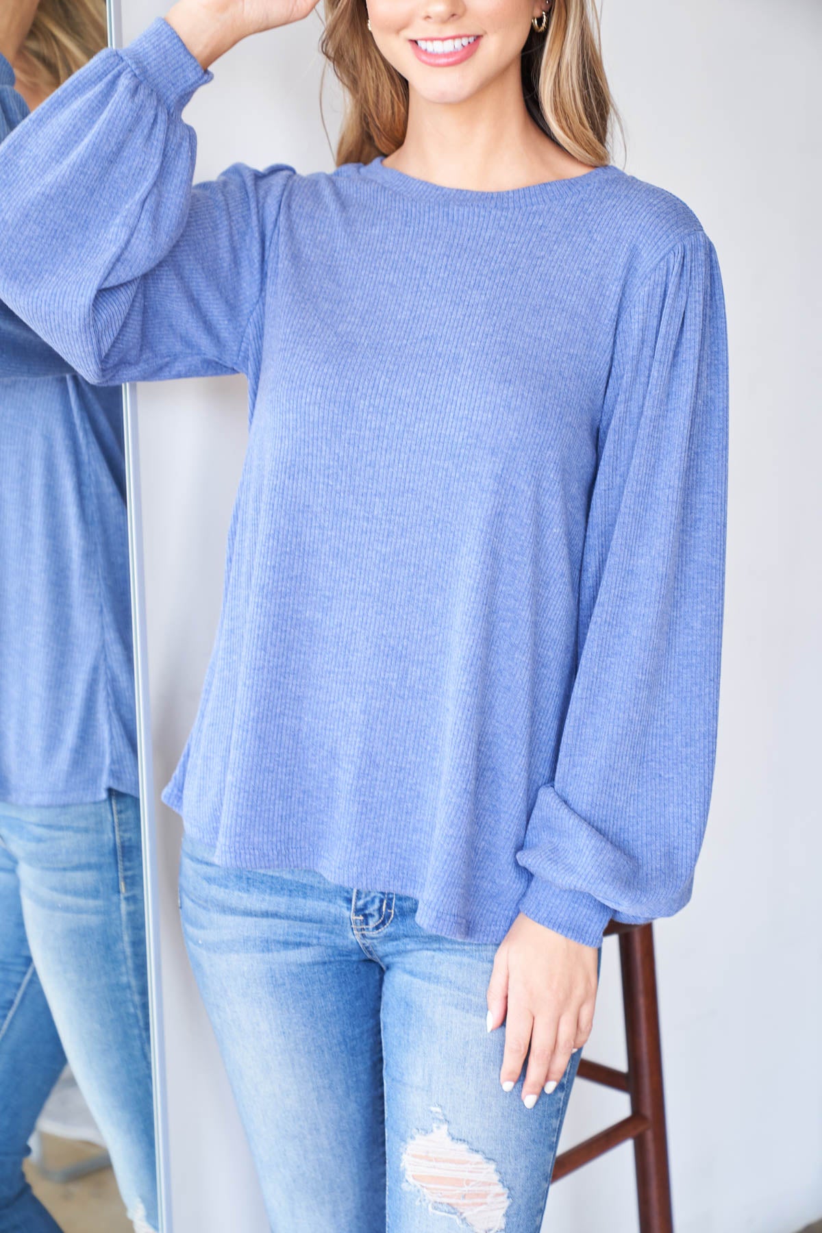 Puff Sleeve Round Neck Long Sleeve Bella Rib Top