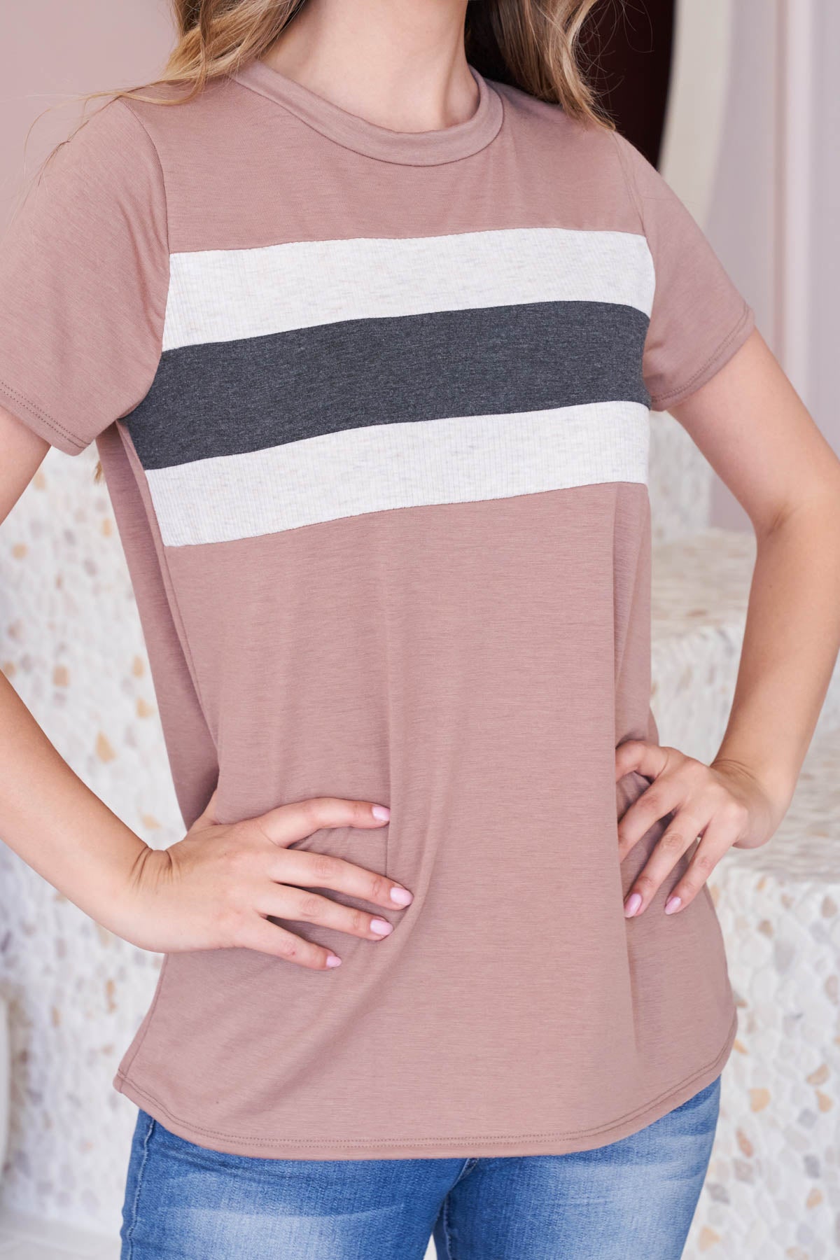 Short Sleeve Color Block Top with Striped Detail