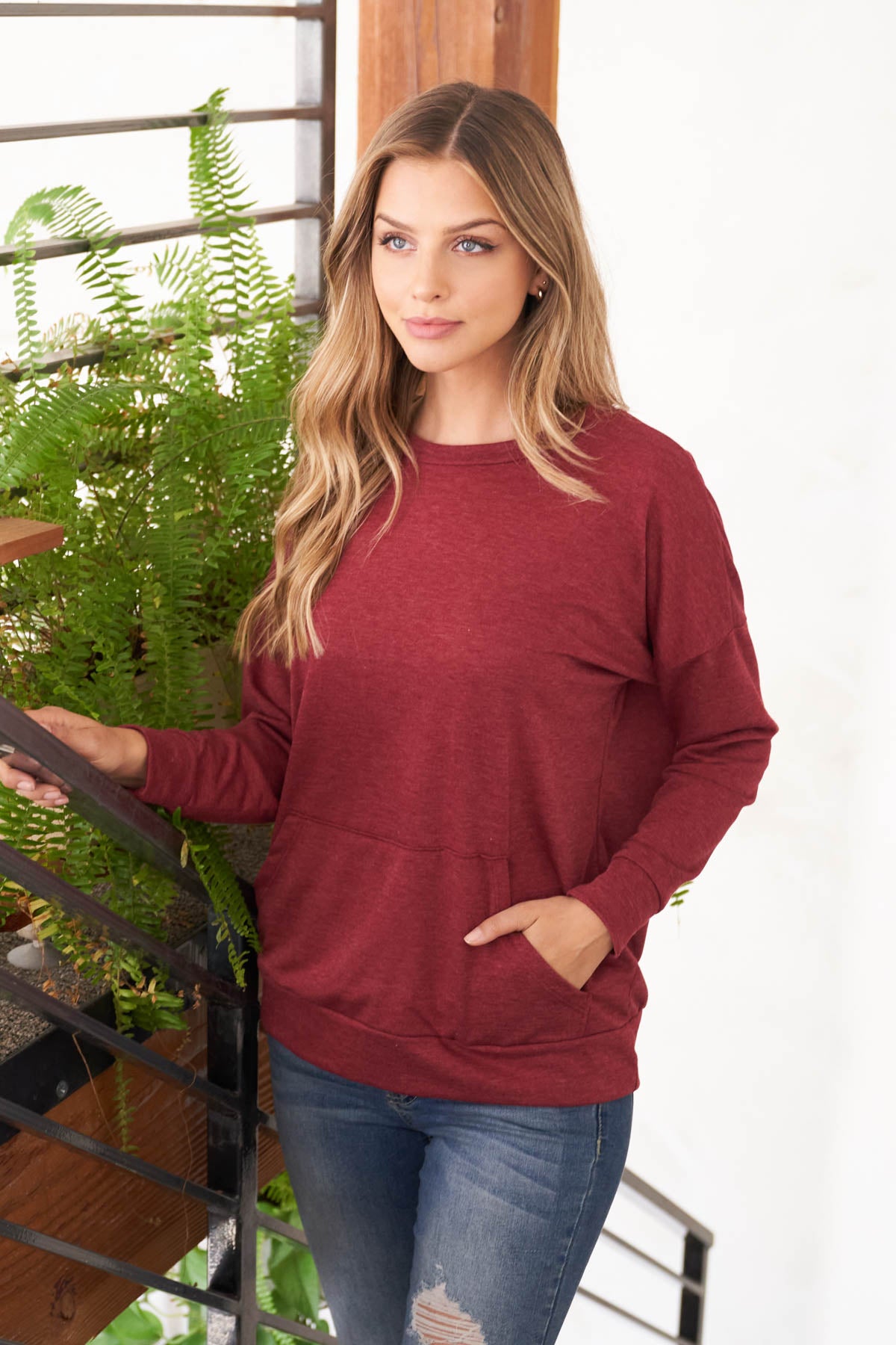 Plus Size Long Sleeve French Terry Top With Kangaroo Pocket