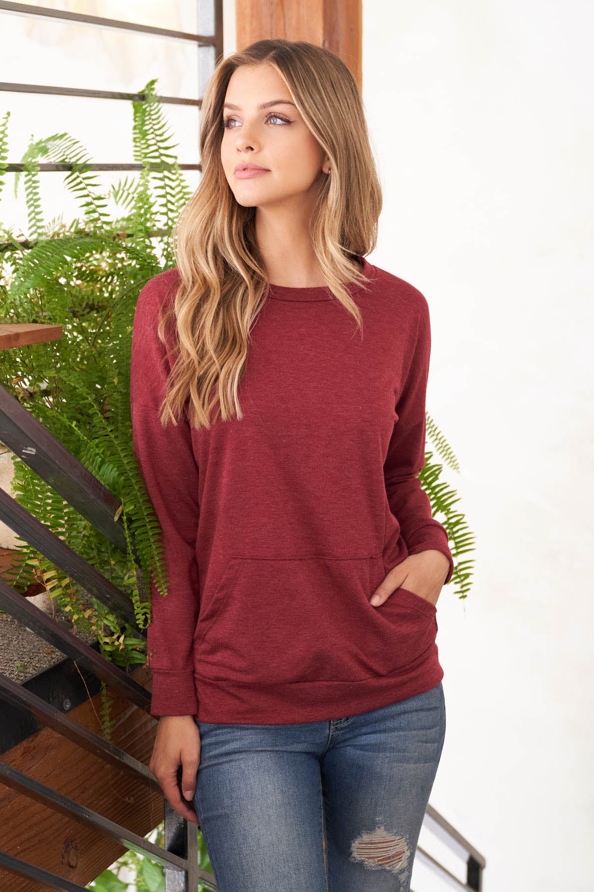 Plus Size Long Sleeve French Terry Top With Kangaroo Pocket