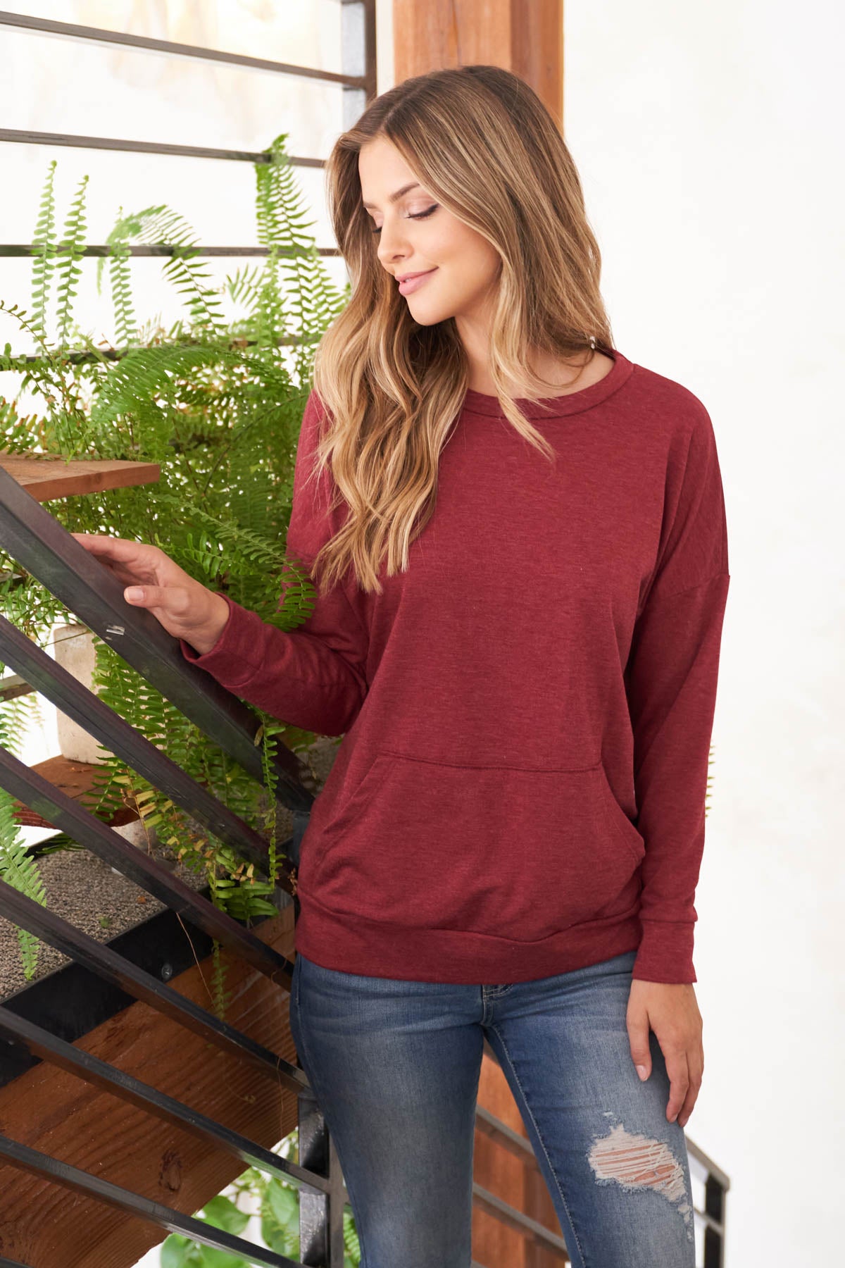 Plus Size Long Sleeve French Terry Top With Kangaroo Pocket