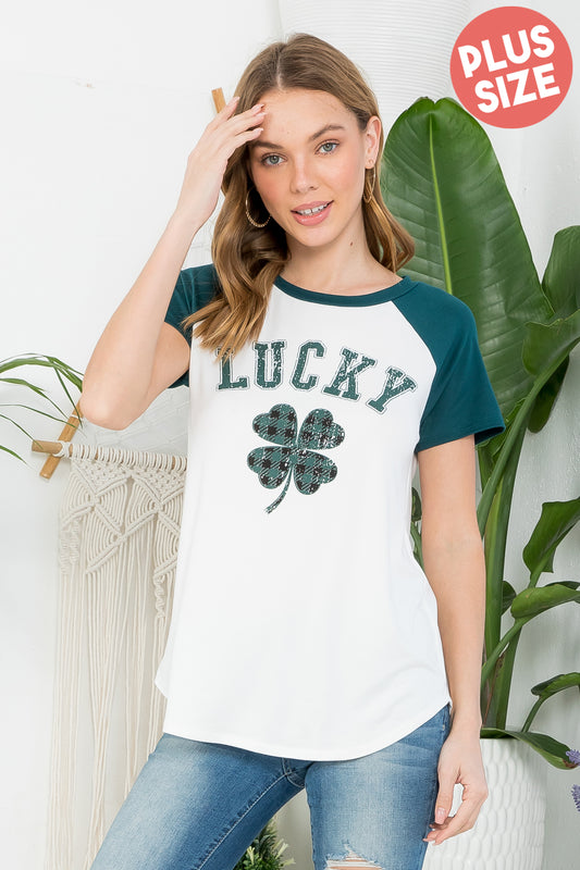 Plus Size Lucky Clover Print Raglan Top