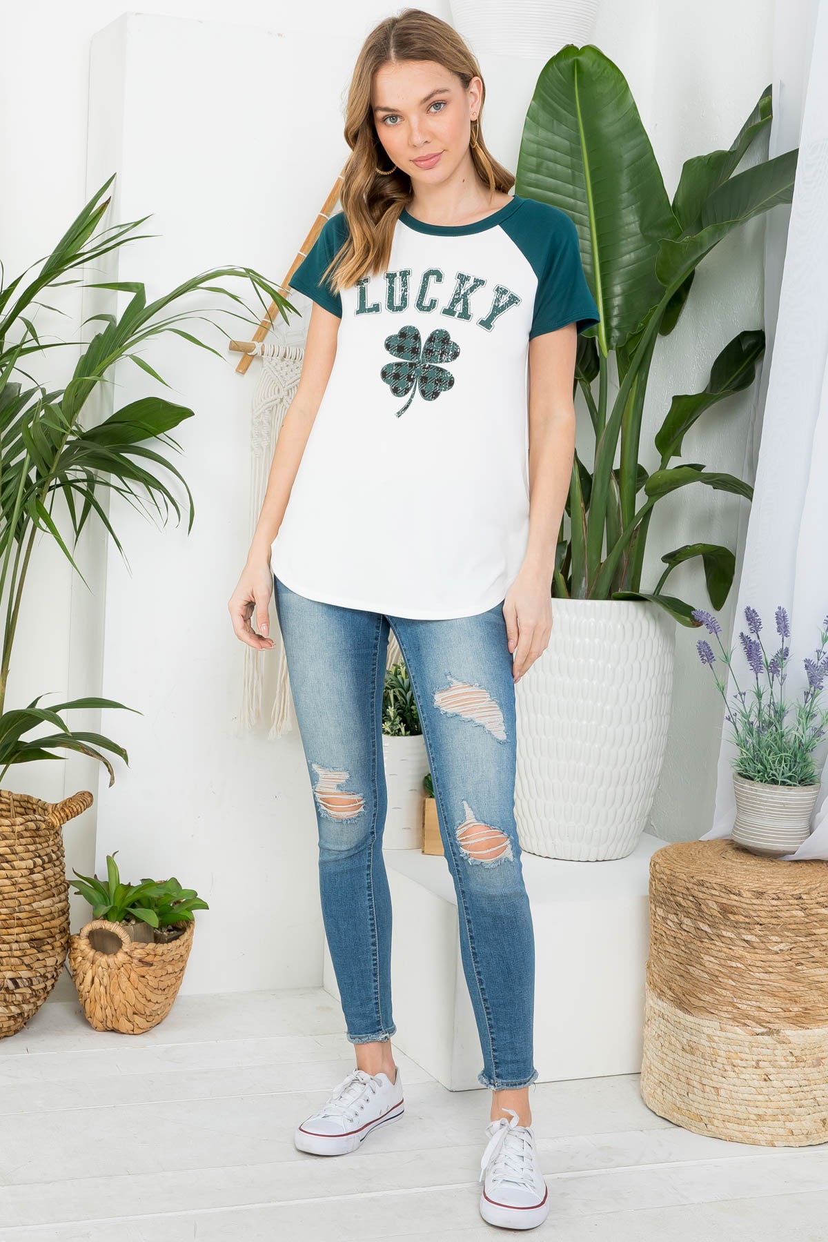 Plus Size Lucky Clover Print Raglan Top