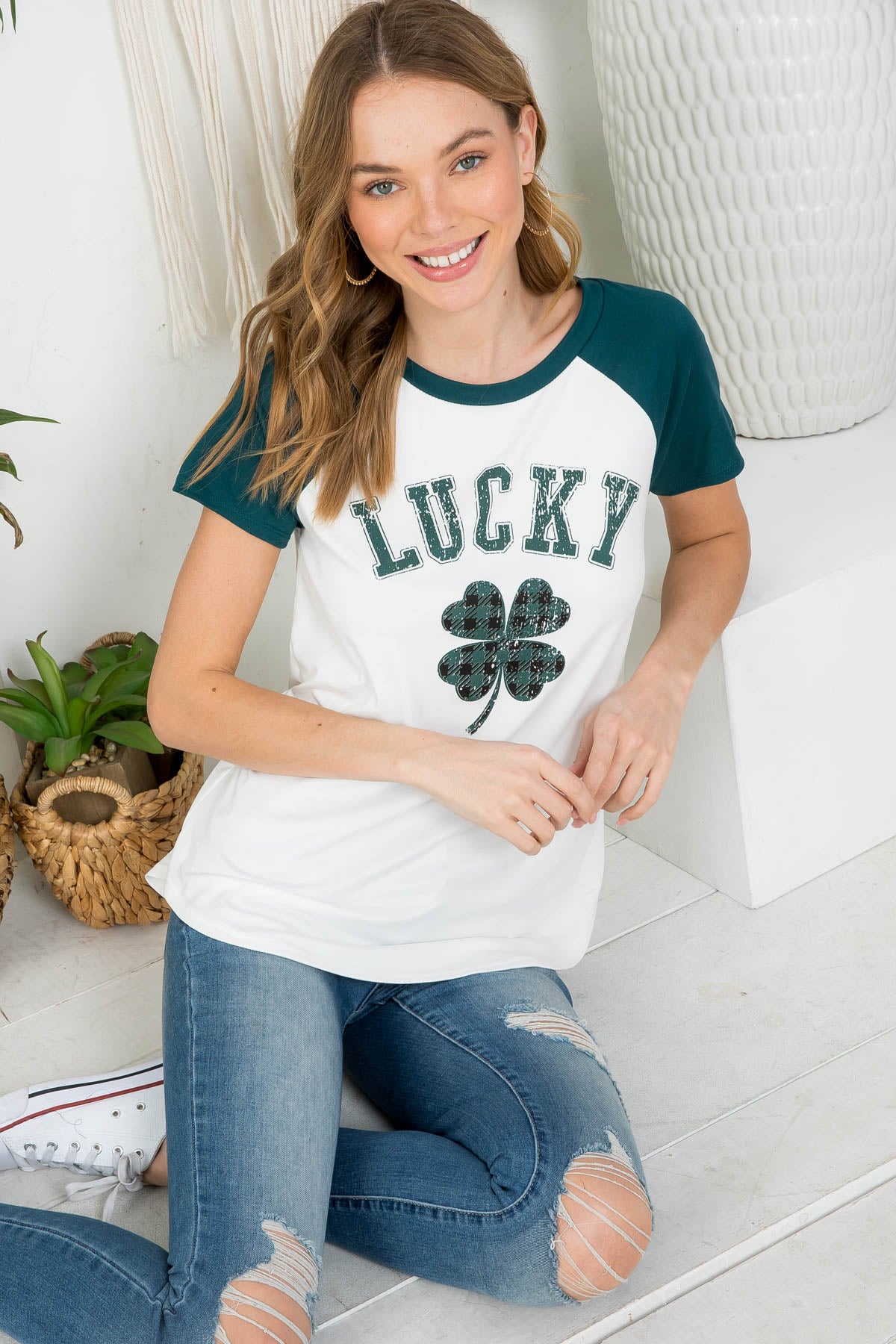 Plus Size Lucky Clover Print Raglan Top