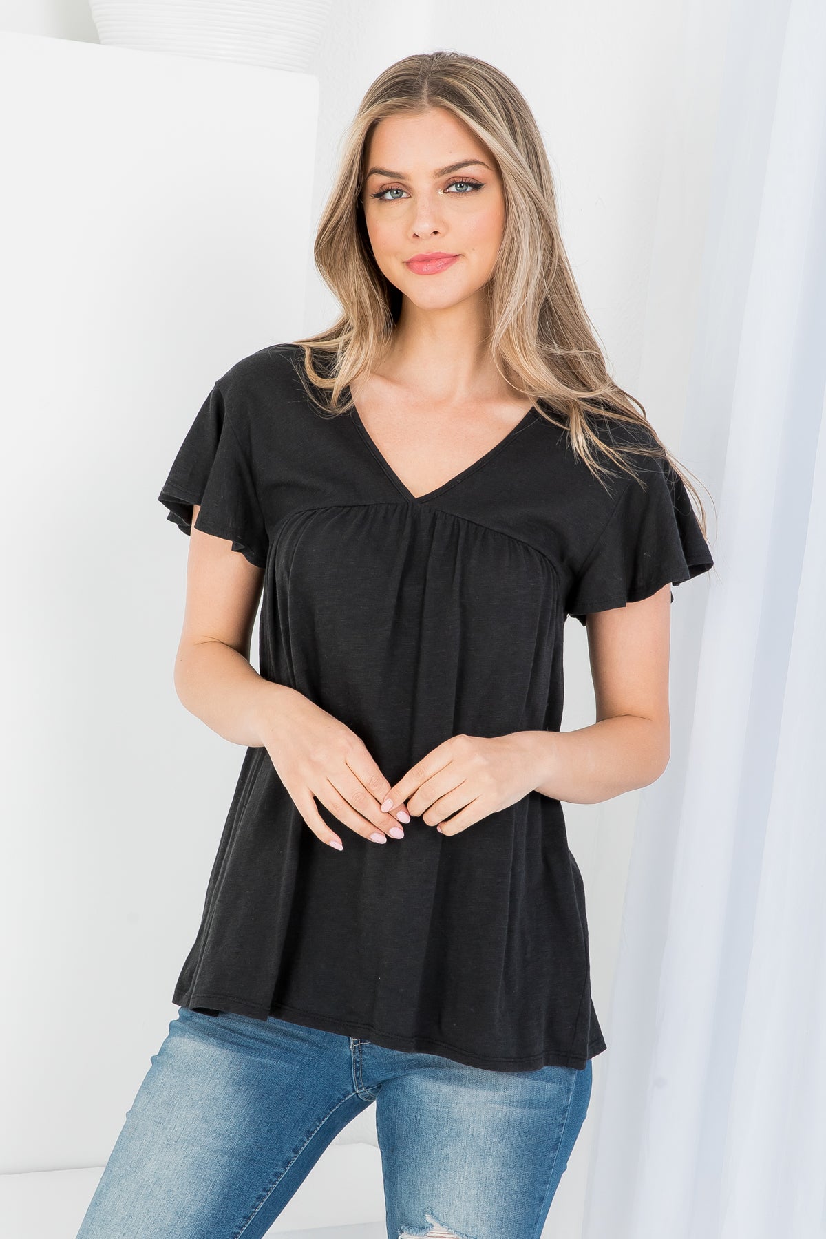 V-Neck Shirring Details Slub Top