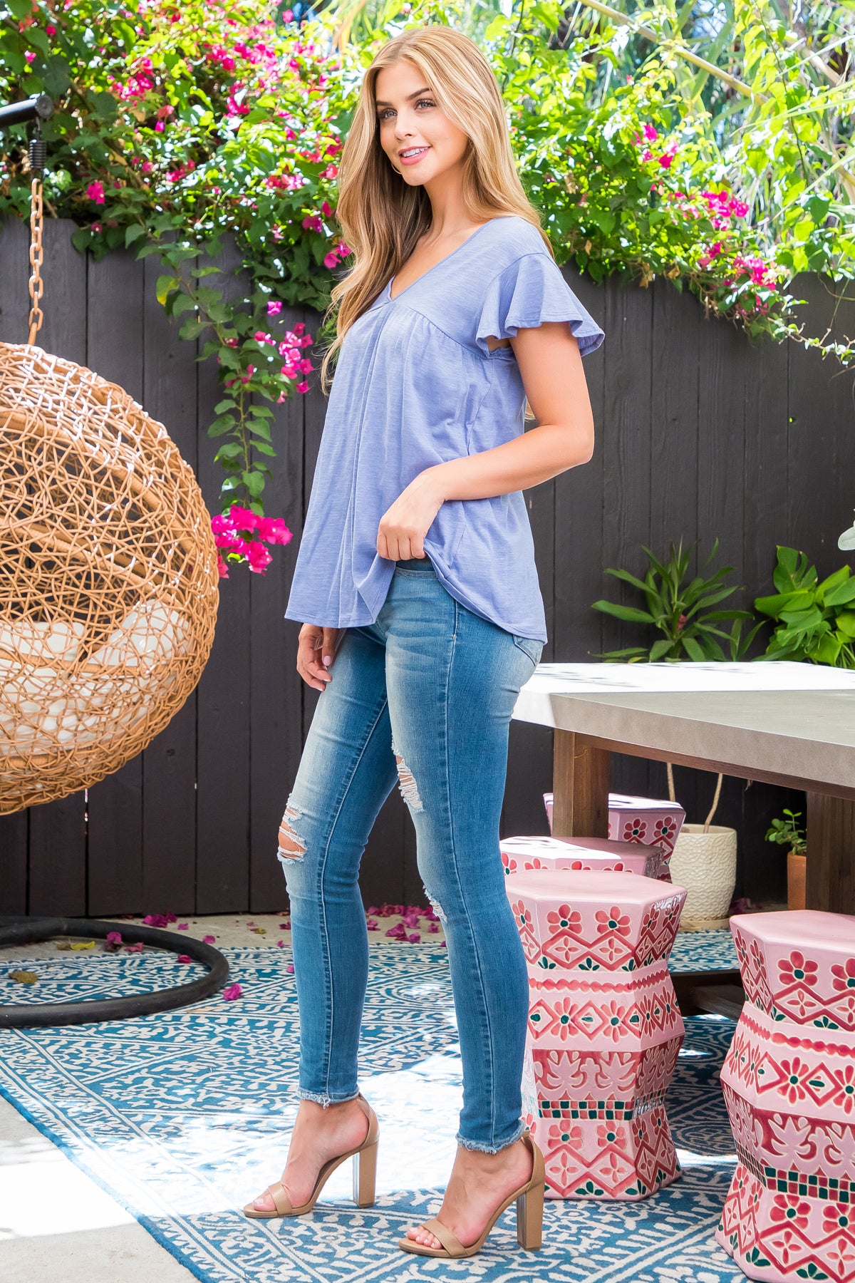 V-Neck Shirring Details Slub Top