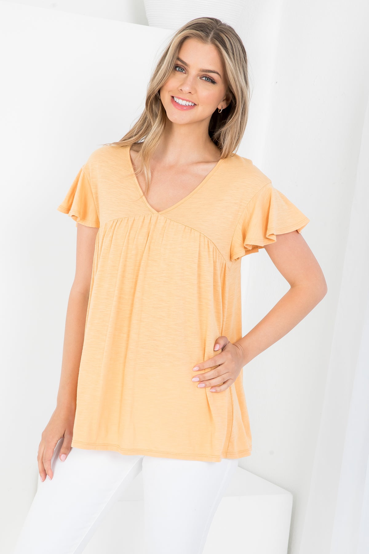 V-Neck Shirring Details Slub Top