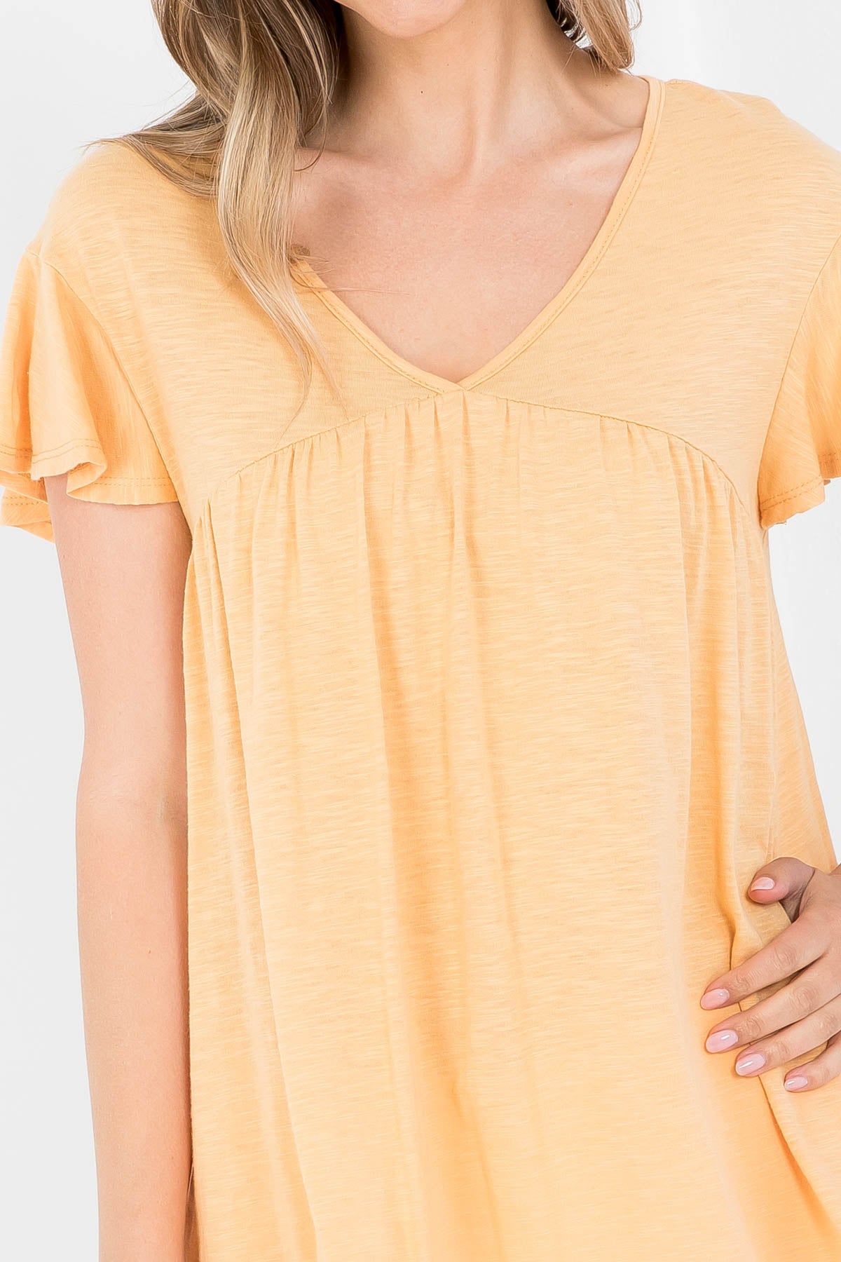V-Neck Shirring Details Slub Top