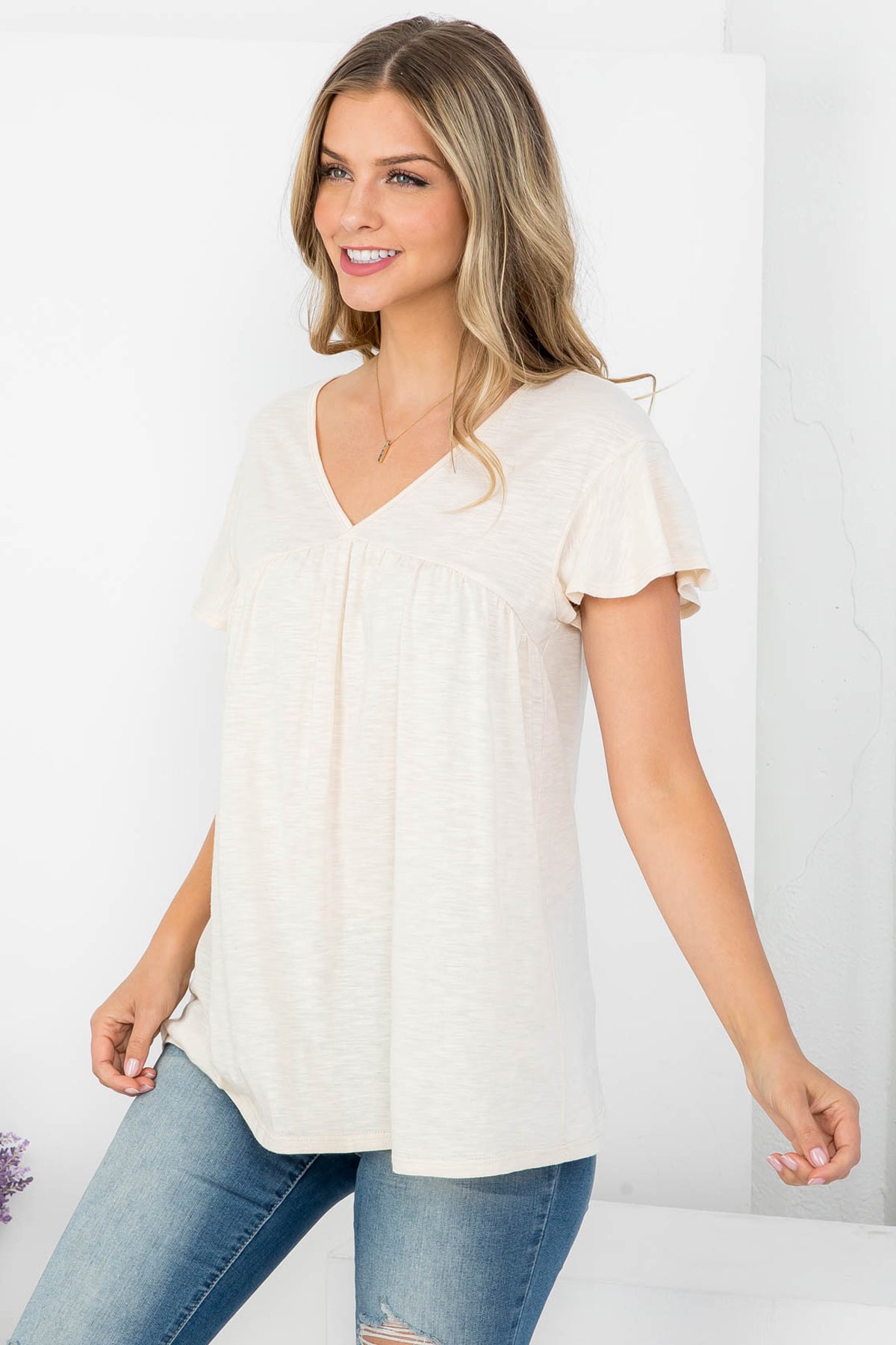 V-Neck Shirring Details Slub Top