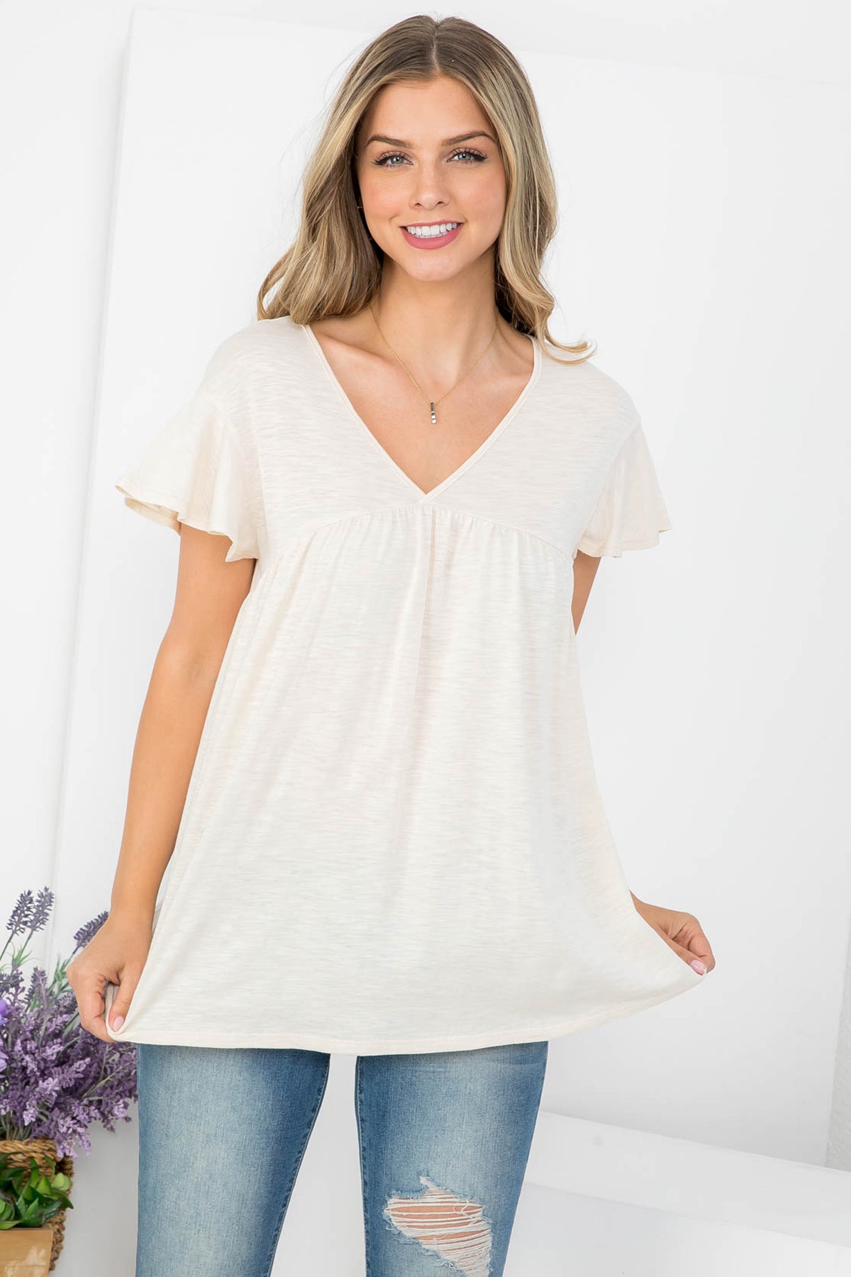 V-Neck Shirring Details Slub Top