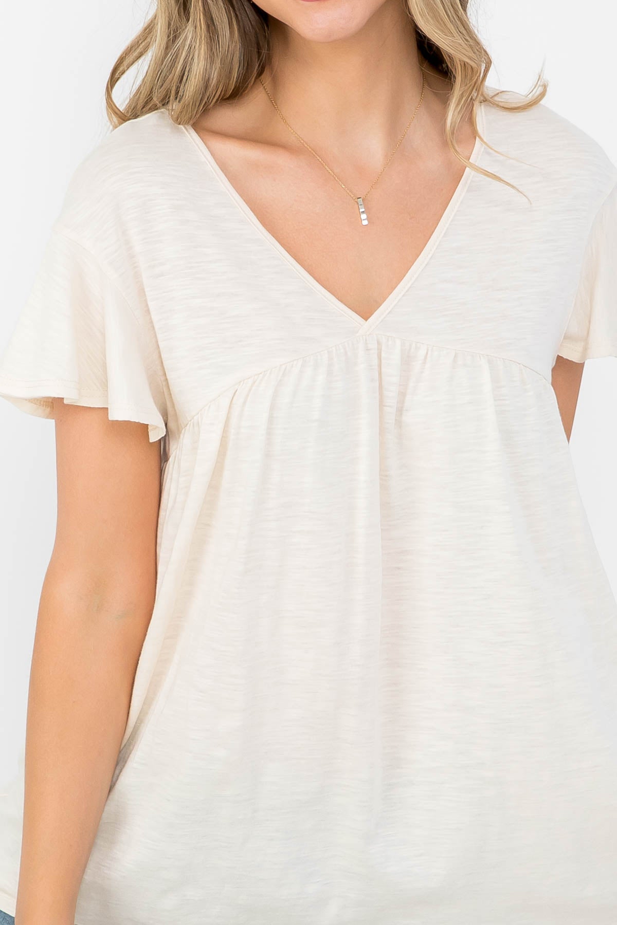 V-Neck Shirring Details Slub Top