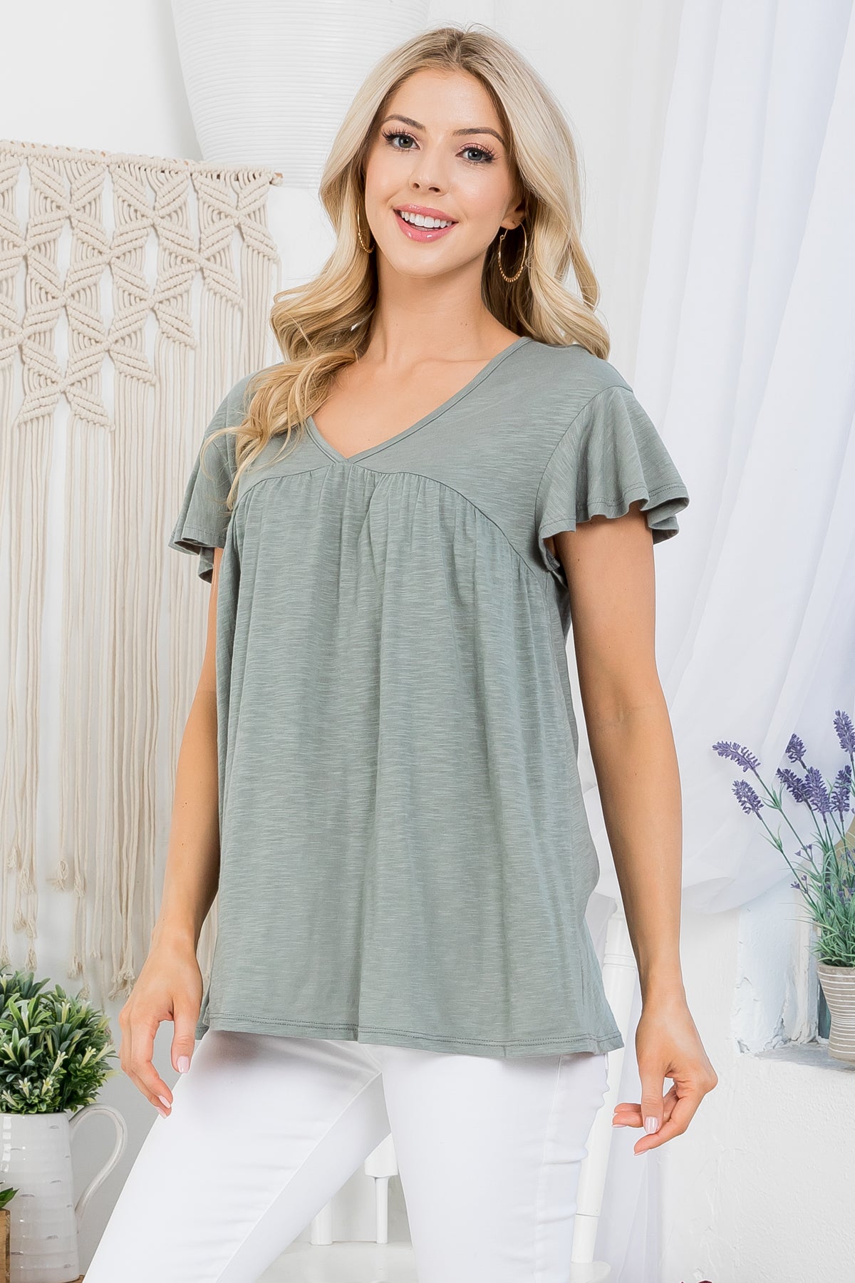 V-Neck Shirring Details Slub Top