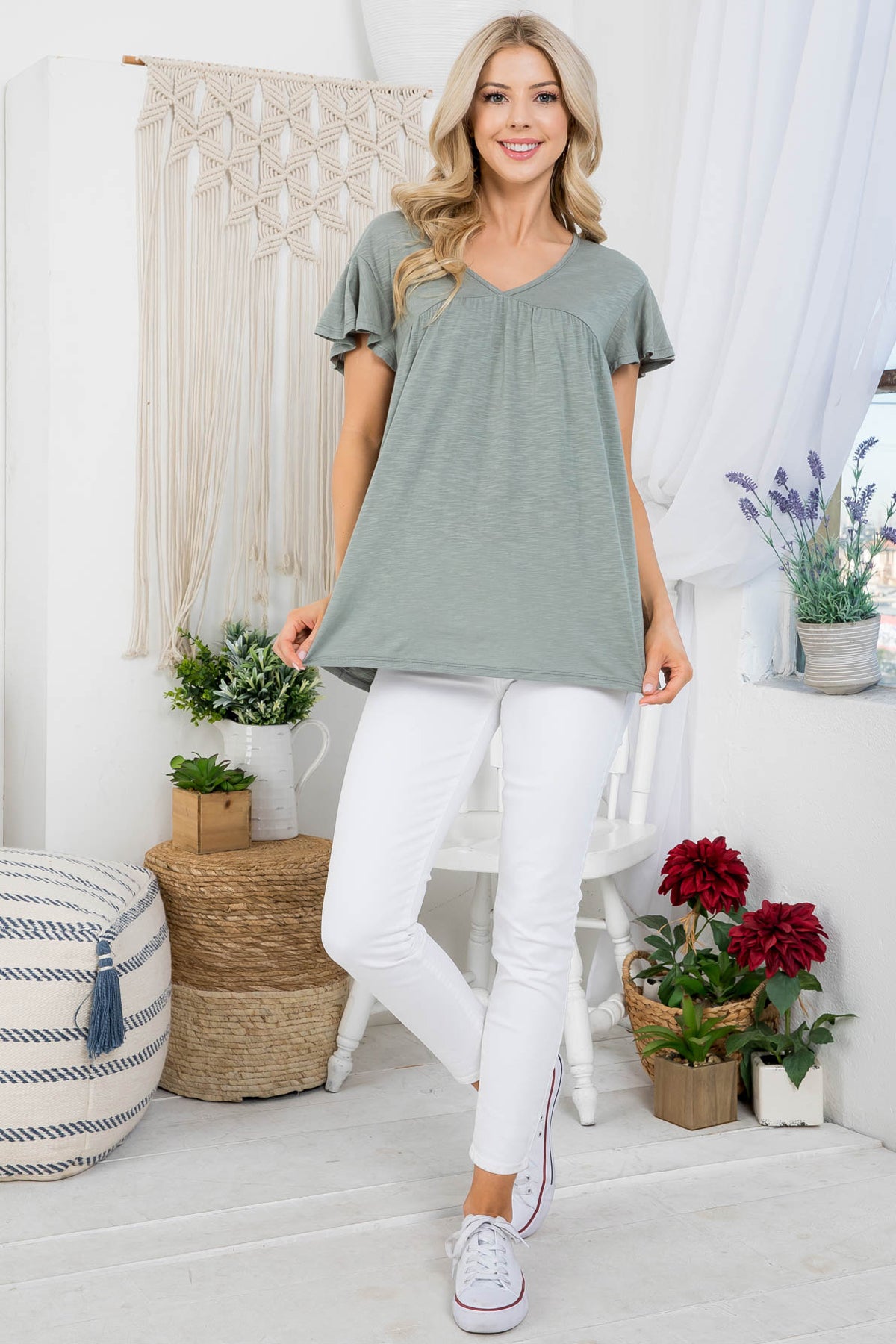 V-Neck Shirring Details Slub Top