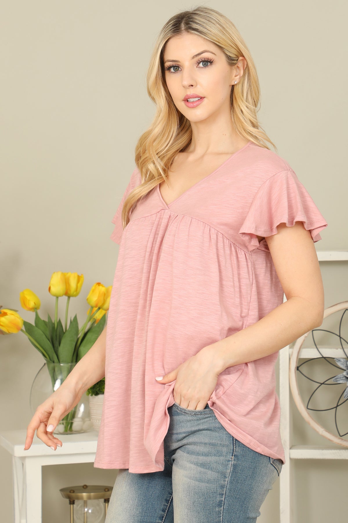 V-Neck Shirring Details Slub Top