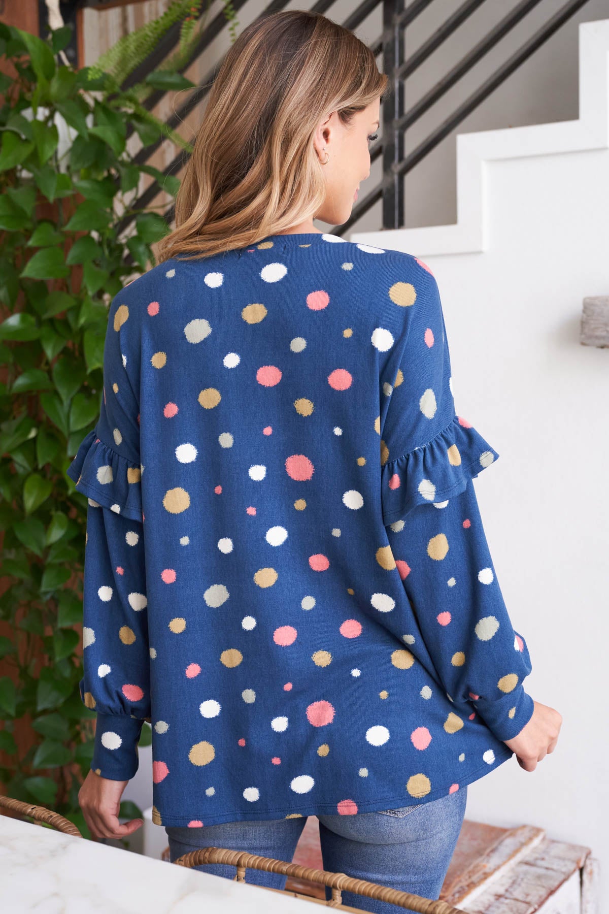 Plus Size Long Sleeve Polka Dot Shirring Detail Top