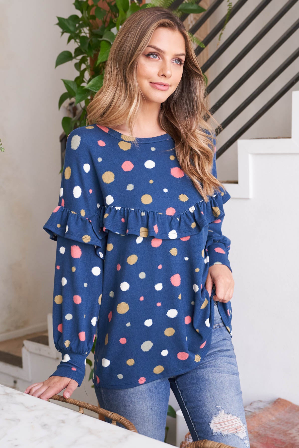 Plus Size Long Sleeve Polka Dot Shirring Detail Top