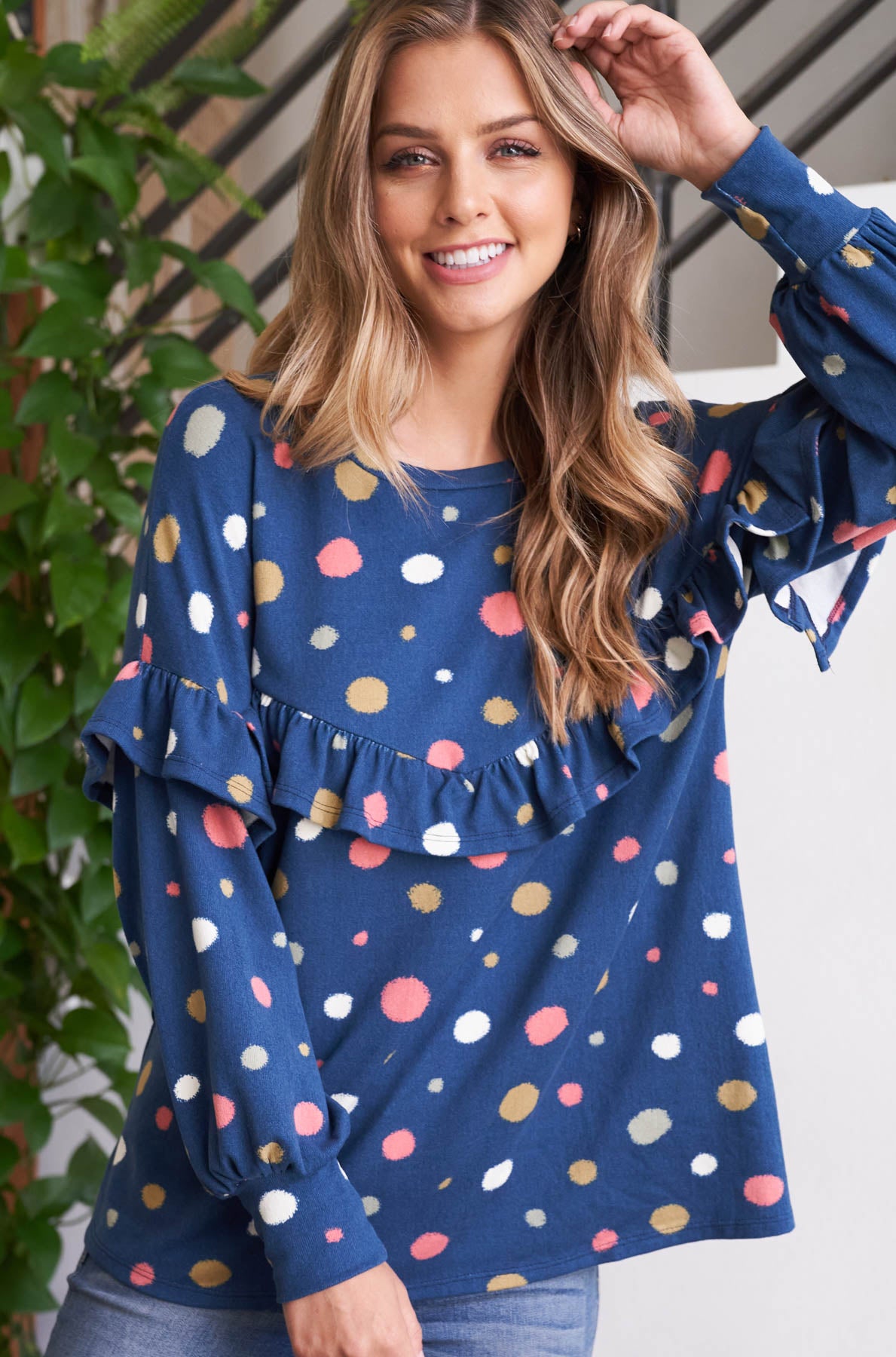 Plus Size Long Sleeve Polka Dot Shirring Detail Top