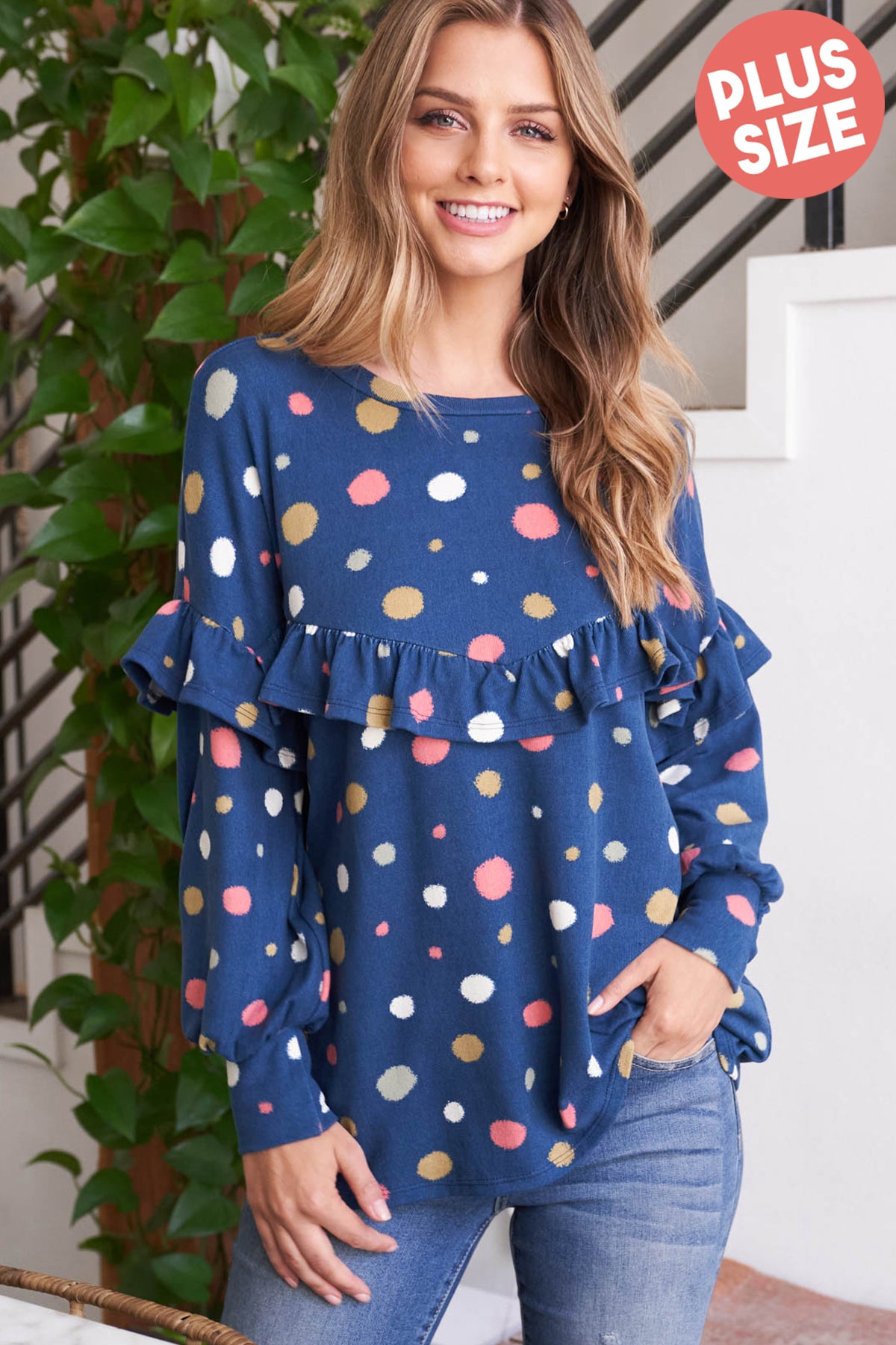 Plus Size Long Sleeve Polka Dot Shirring Detail Top