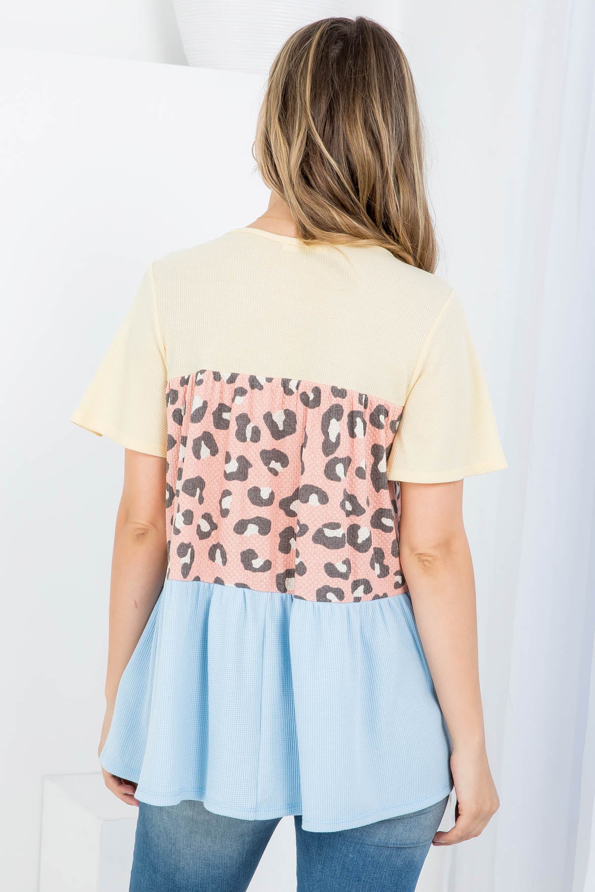 Criss Cross Neckline Color Block Leopard Top