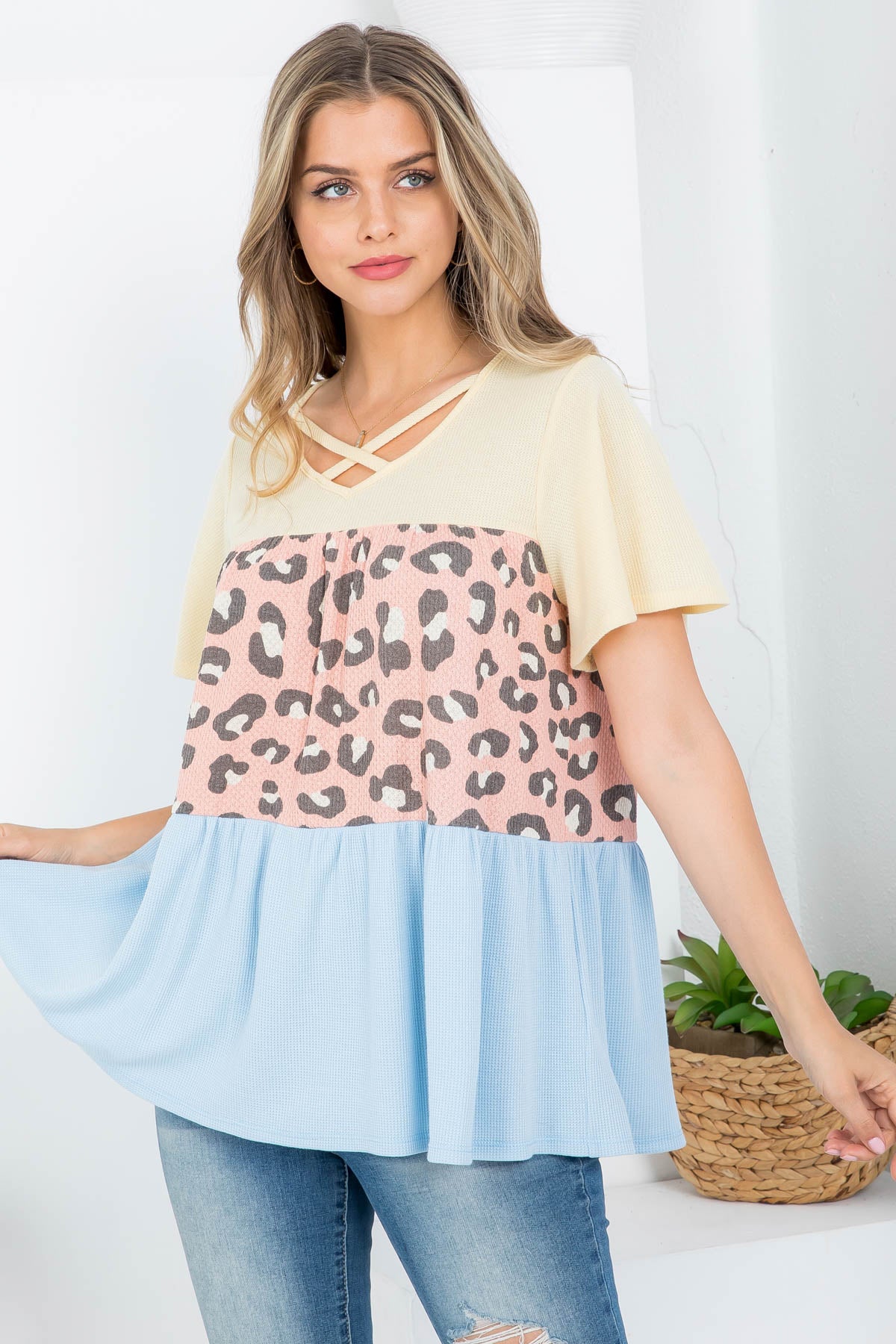 Criss Cross Neckline Color Block Leopard Top