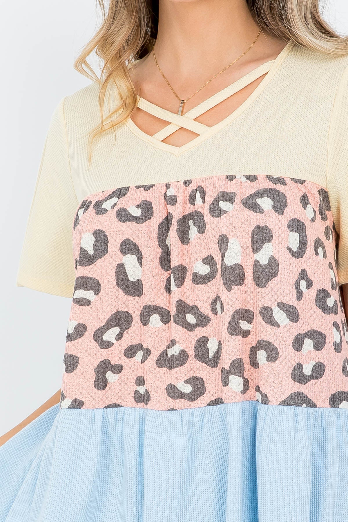 Criss Cross Neckline Color Block Leopard Top